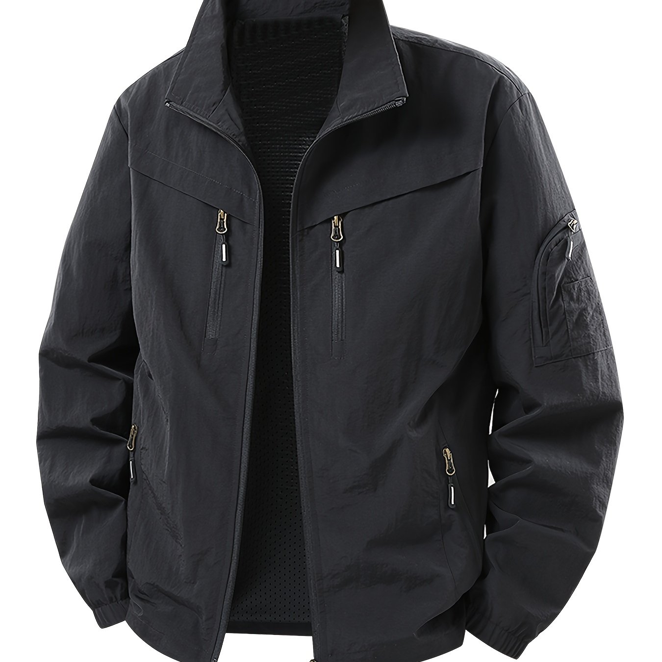 TEMU Men's Lightweight Multi-pocket Cargo Jacket For Spring, Collar Windbreaker Casual Outerwear With Mesh Lining, Multiple Convenient And Practical