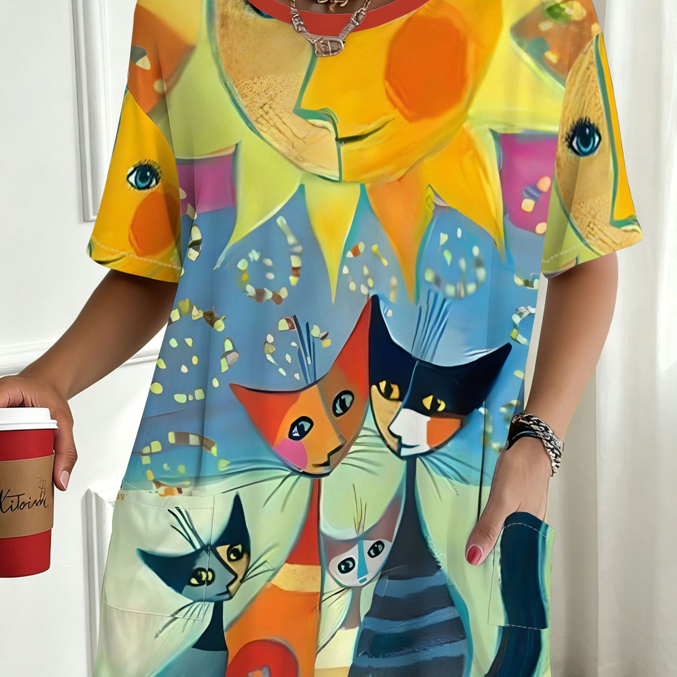 TEMU 1pc Loose Fit Short-sleeve T-shirt, Printed With Colorful Abstract , With Pocket, Suitable For Daily Commuting, Beach Vacation, Casual