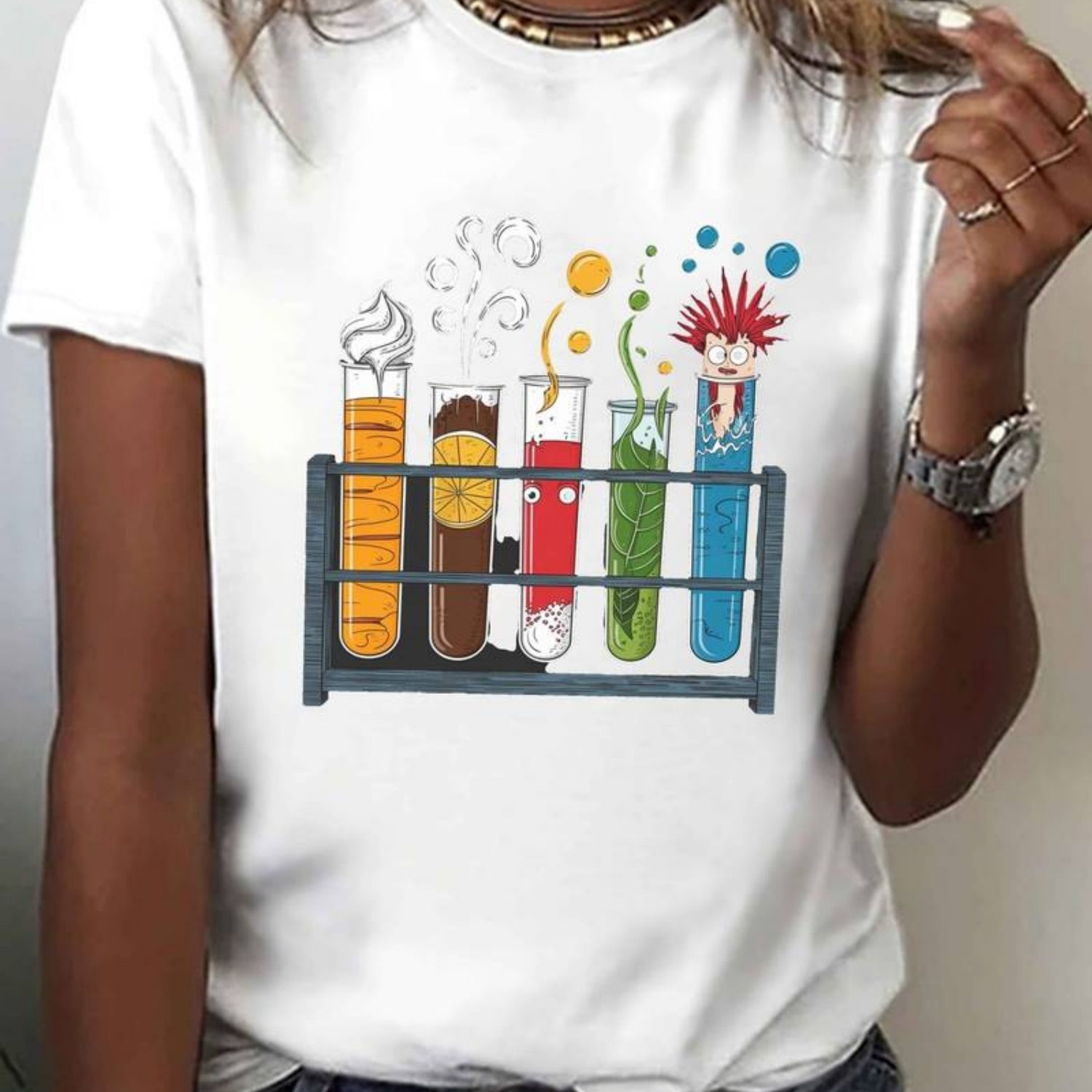 TEMU Women's Short-sleeve Round-neck T-shirt - Features A Colorful Scientific Pattern Print With 6 Test Tube Racks, Made From Breathable Stretchy