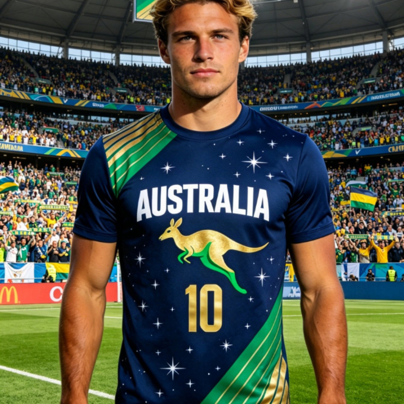 TEMU Men's Australian Football Jersey - Kangaroo Print T-shirt, Breathable Plus-size Suitable For Home, Outdoor & Sports, Casual Round Neck