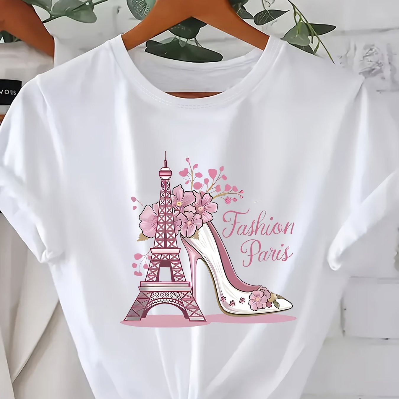 Image of Women's Parisian-inspired & High Heel Graphic T-shirt - Floral Accents, Stretchy Round Neck Casual Top For Travel & Outdoor Activities, Spring Summer Fall Wear