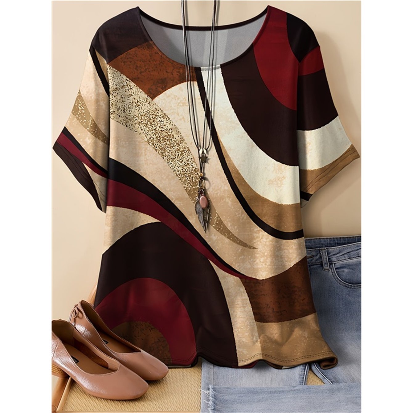 TEMU Plus Size, Plus Size Women's Vintage Loose-fit T-shirt- Full-body Vintage Geometric Print Round Neck Short Sleeve Top- Casual Spring/summer Wear