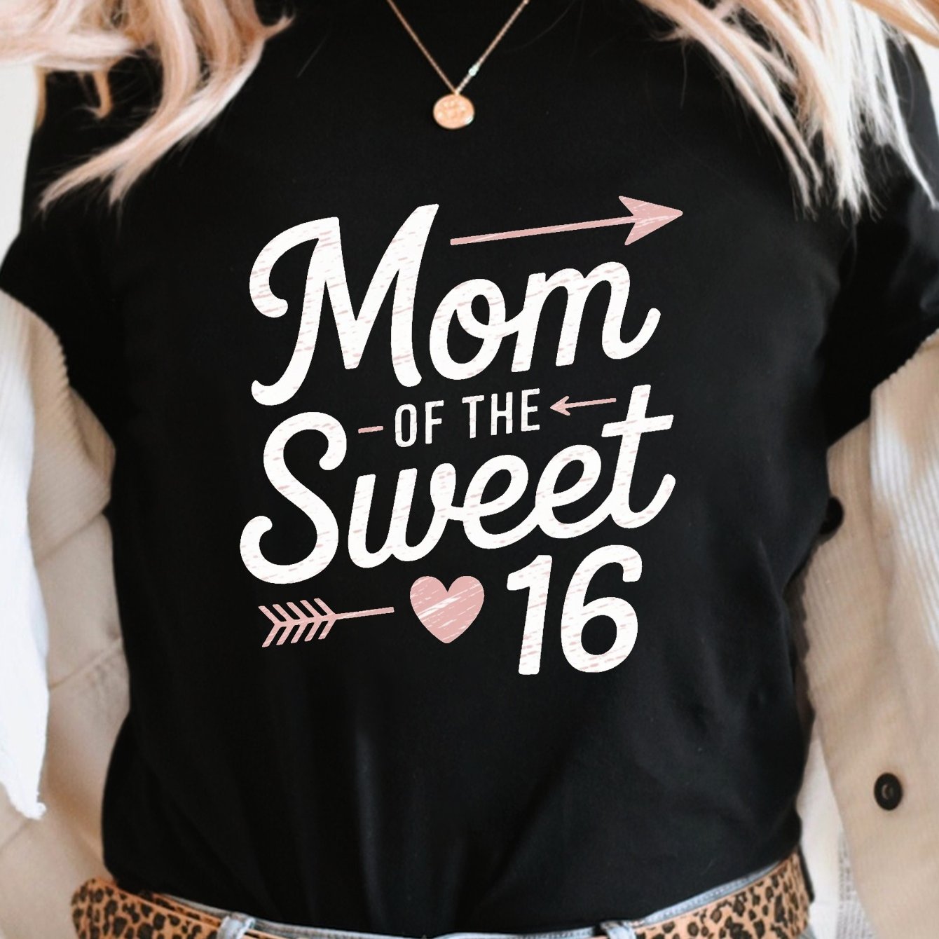 TEMU Mom Sweet 16 Heart Arrow Print T-shirt, Short Sleeve Crew Neck Casual Top For Summer & Spring, Women's Clothing