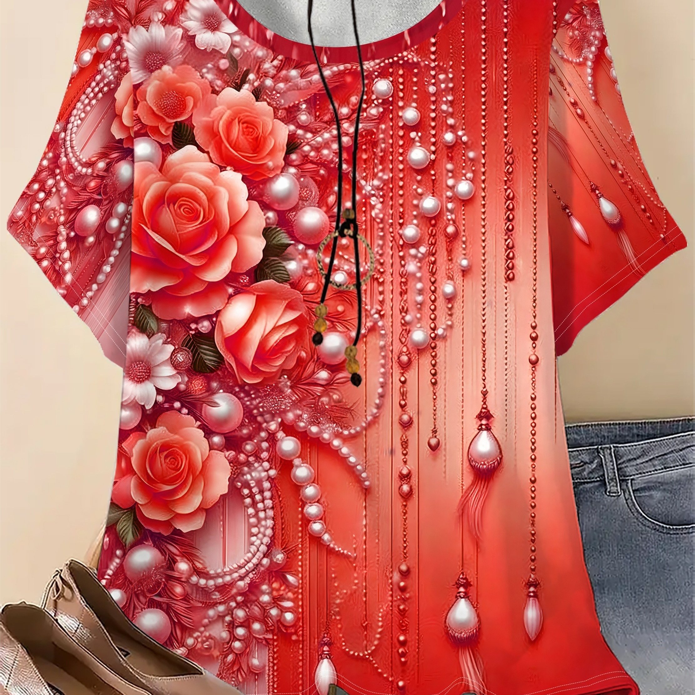 TEMU Plus Size, Plus Size Summer Women's Elegant Golden Floral Beaded Round-neck Short-sleeve T-shirt, Shirt, With Beaded Decoration, Soft And