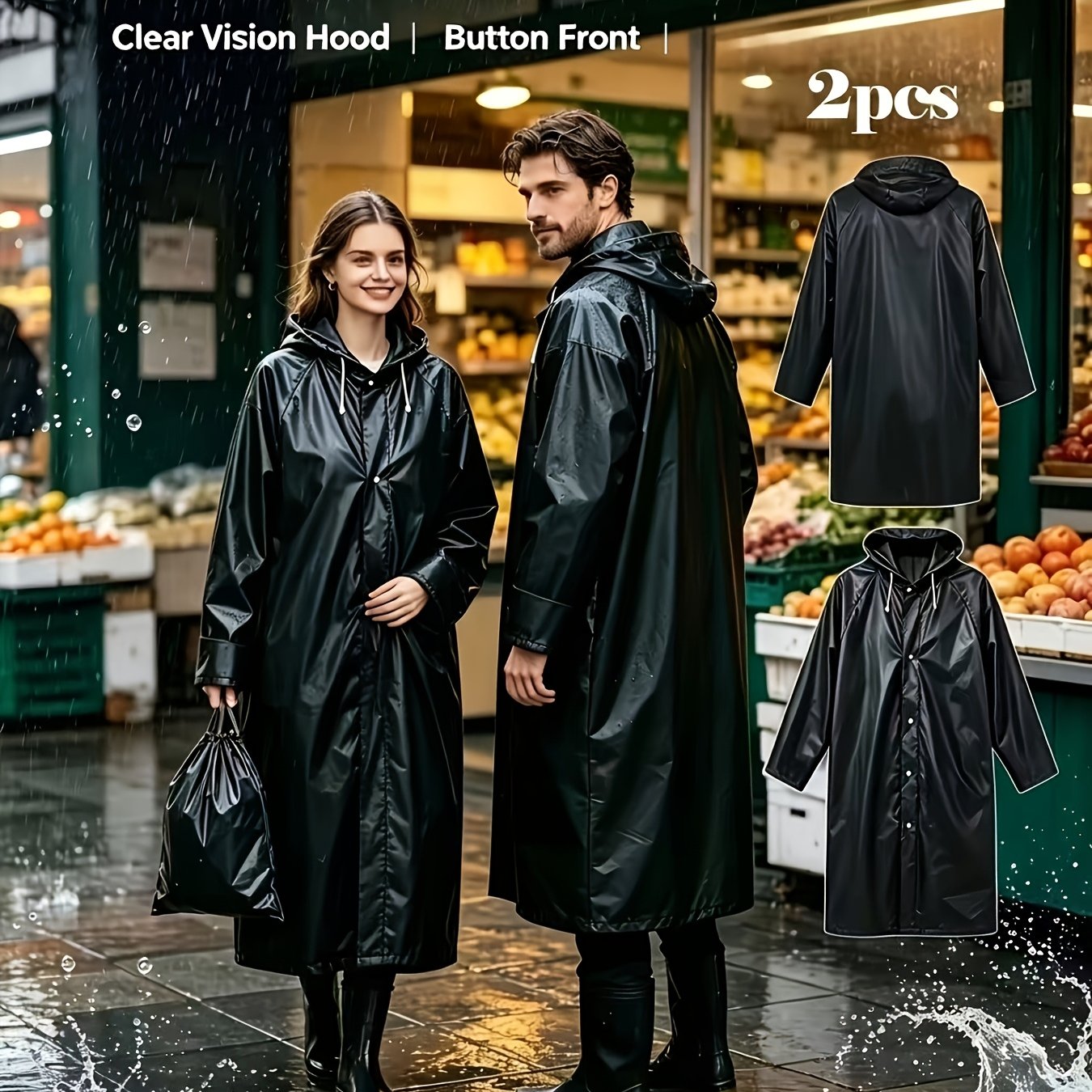 TEMU 2pcs Raincoat   Raincoat, Unisex Adult Long Black Hooded Raincoat, High Quality Loose-fit Raincoat, Portable Rain Gear, Suitable For Commuting,