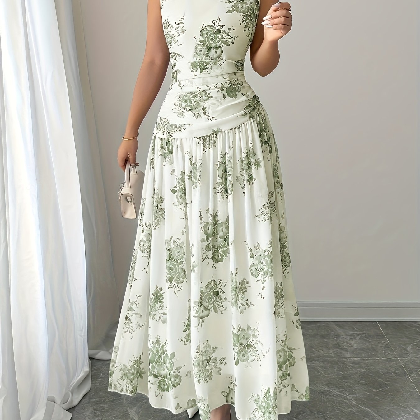 TEMU Elegant And Sleeveless Floral Print Dress For Women, Suitable For Daily Wear And Commuting