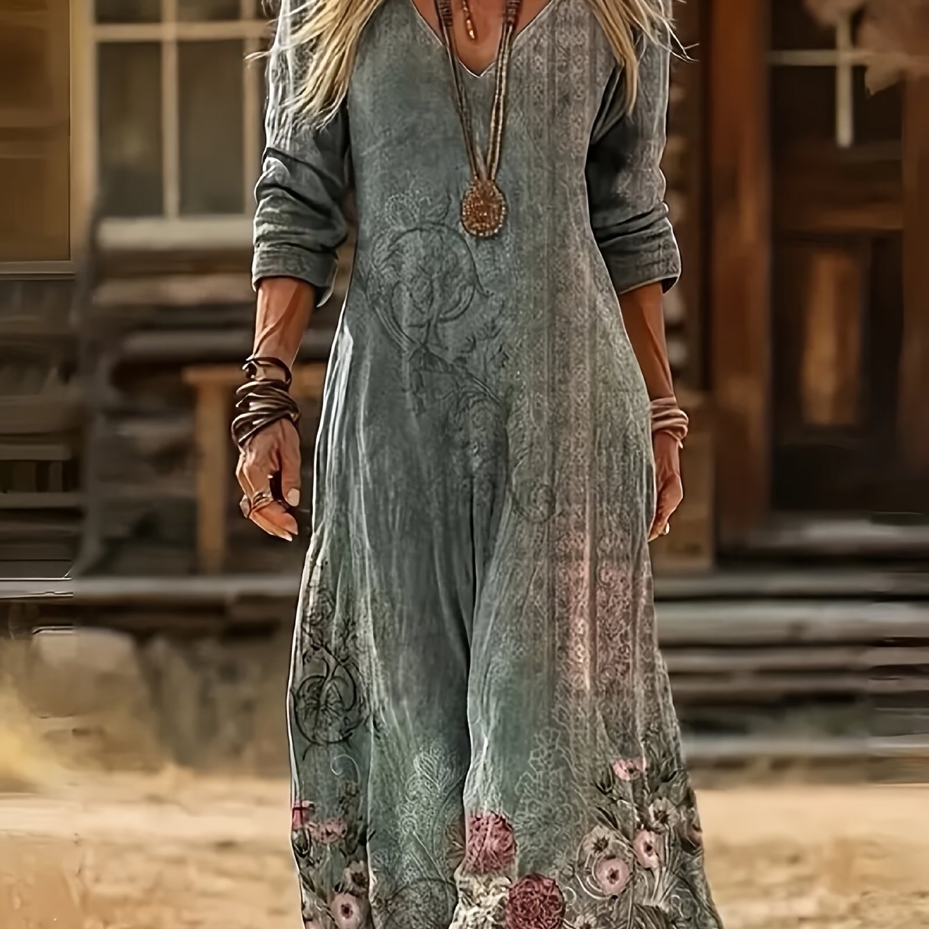 TEMU Women's Elegant Vintage Maxi Dress With -neck & Ethnic Floral Print - Long Sleeve Midi-to-maxi Length Dress Suitable For Spring Summer Fall,