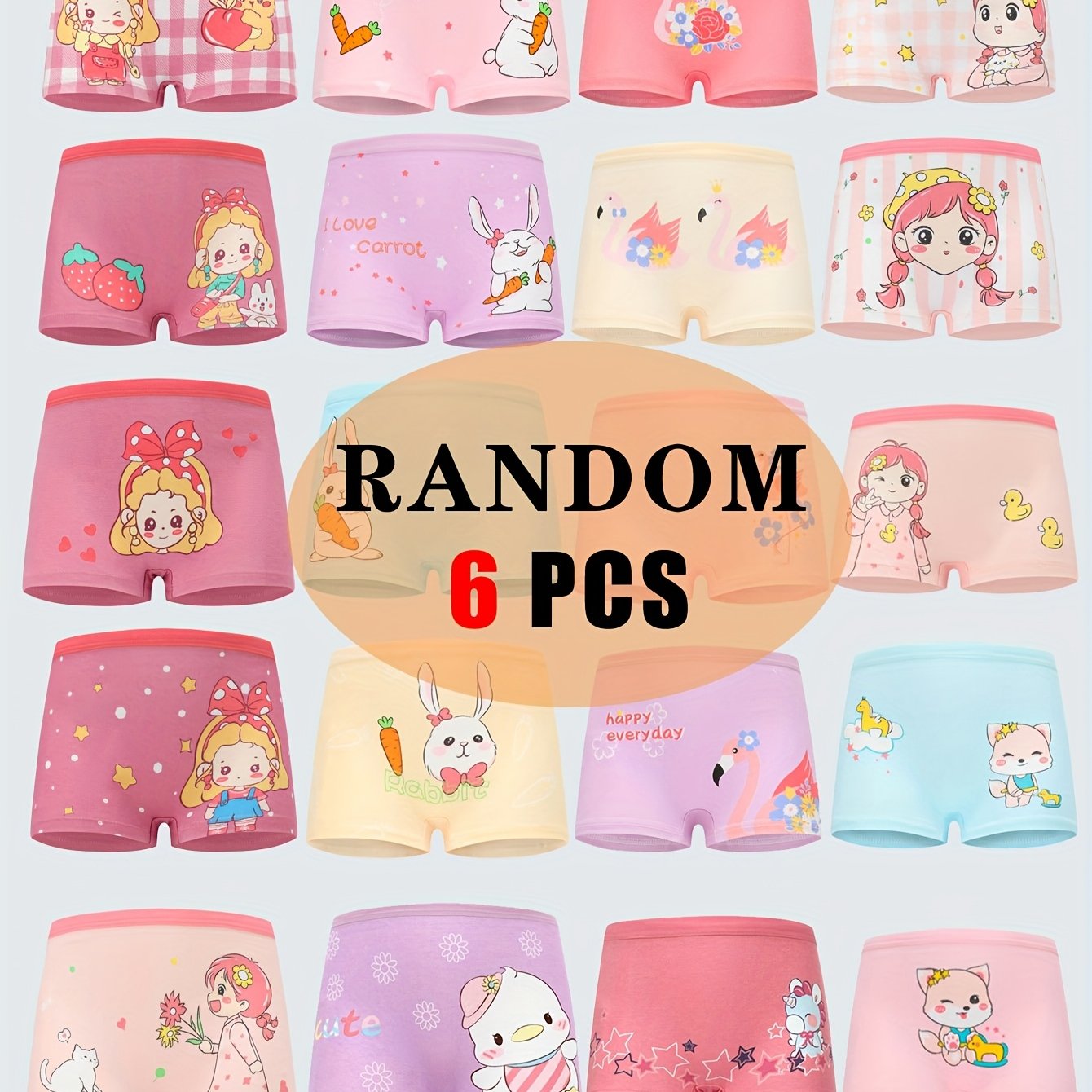 [random 6pcs] Girls Boxer Briefs Cartoon Pattern Soft Breathable Elastic Girls Shorts