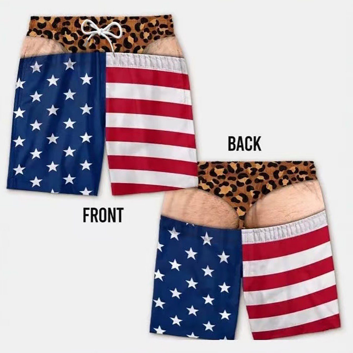 TEMU Printed Design Not Textured Men's Creative Printed 2-in-1 Look Beach Shorts With American Flag Leopard Print Visual Illusion Print For Seaside