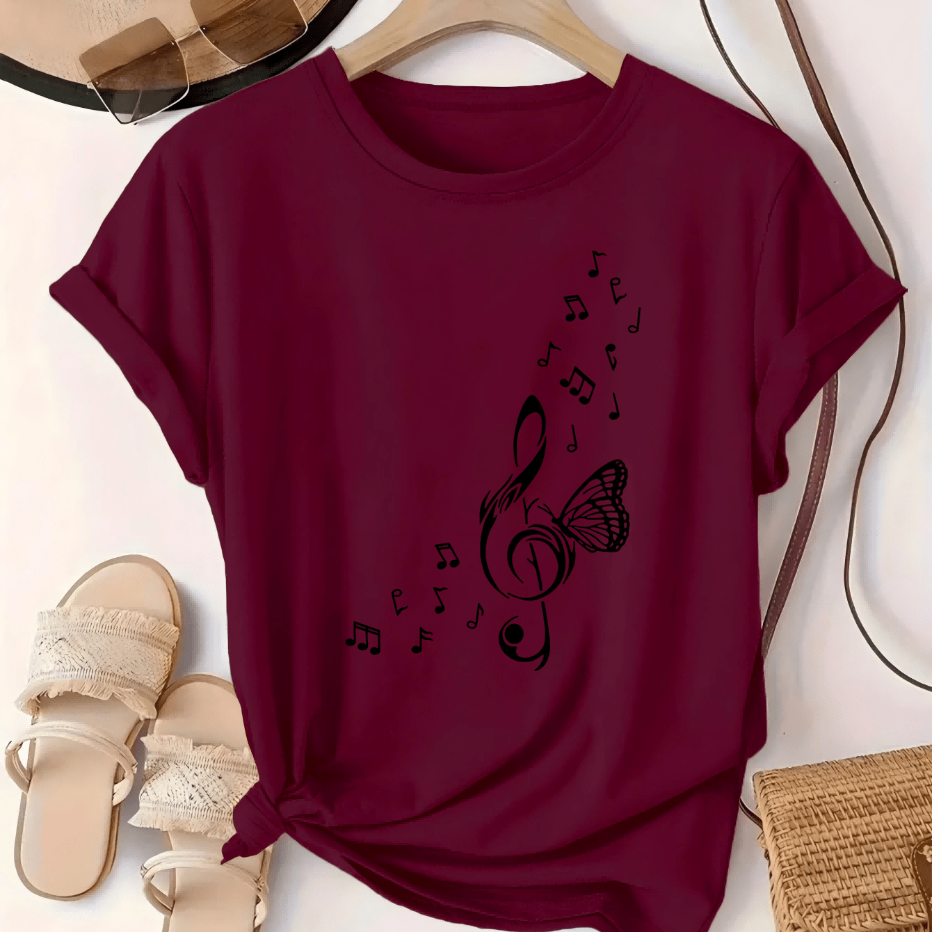 TEMU Plus Size Women' Note Graphic T-shirt - Red Casual Crew Neck Short Sleeve Top With & Treble Clef Design, Lightweight Polyester For Spring Summer