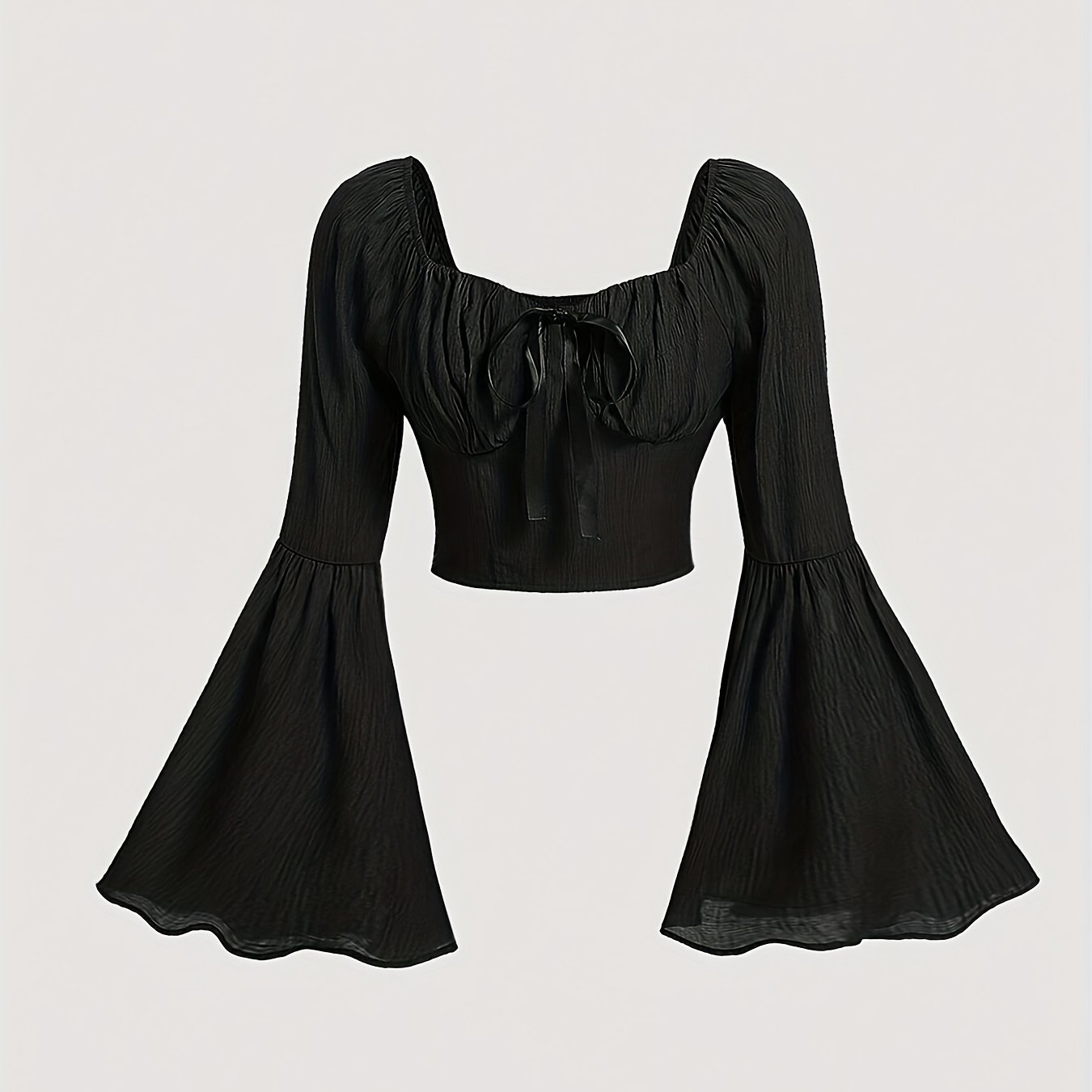 -summer Bow- Flared Sleeve Top, Solid Color Tie-front Flared Sleeve Short Shirt, -summer Bow Square Neck Top, Daily , Classic Versatile, Party, Sweet, Simple Versatile, Daily Outing, Fashion Slim-fit