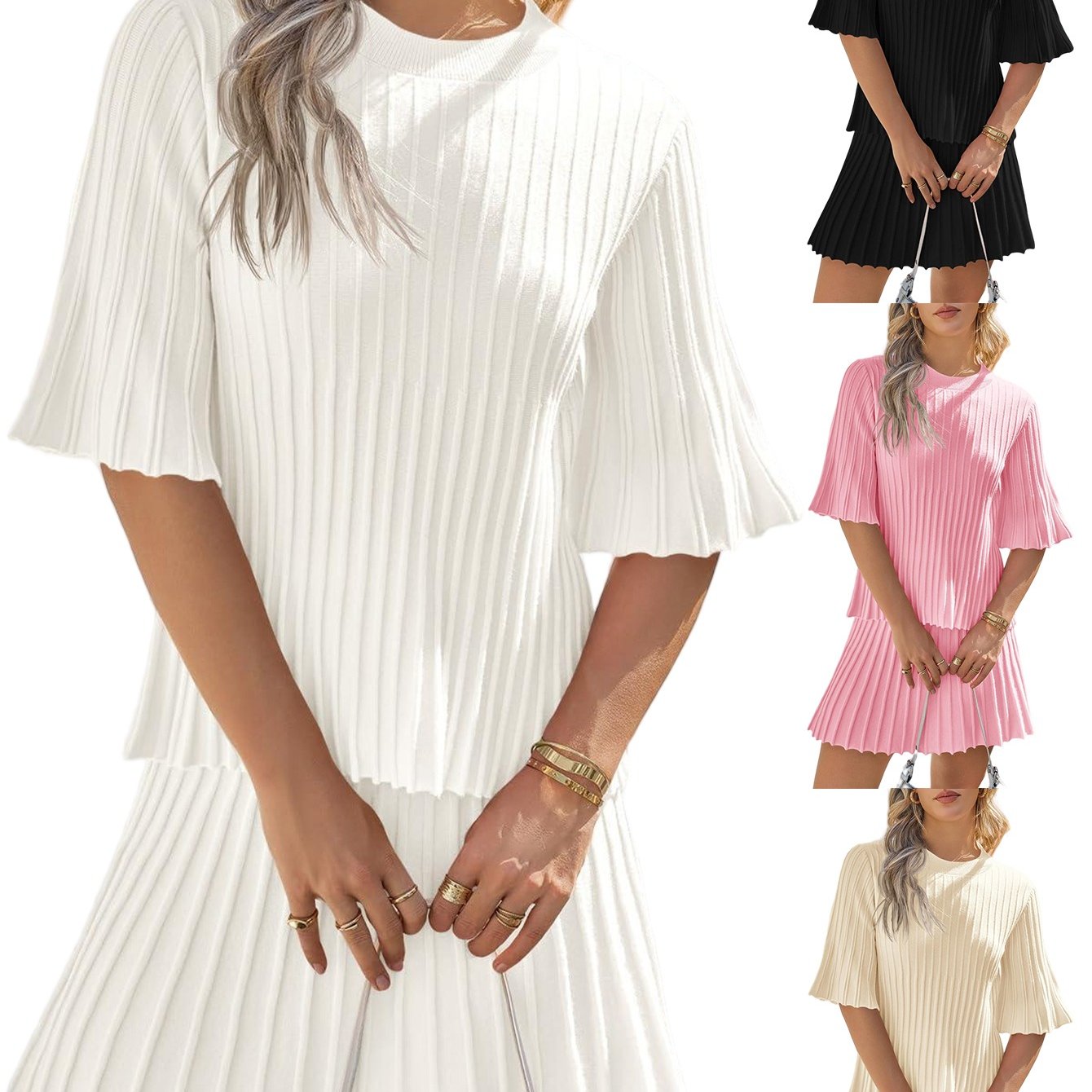Image of 2pcs Womens Sweater Sets | Summer Half Sleeve Ribbed Top And Pleated Skirt Set Lounge Set, High Neck, Solid Color