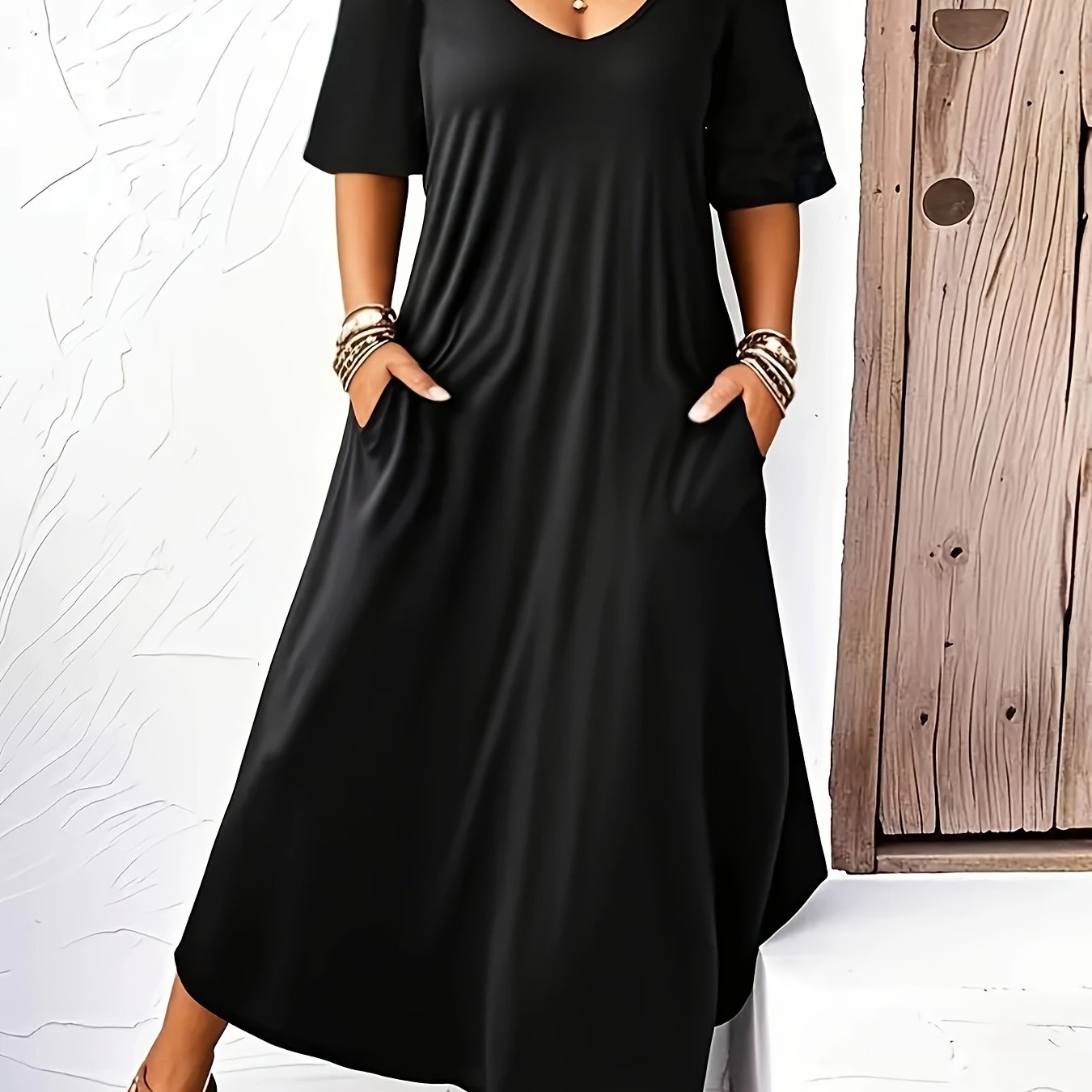 Plus Size - Plus Size - New Fashionable And Elegant Off-shoulder Short-sleeved Solid Color Pocket Long Dress