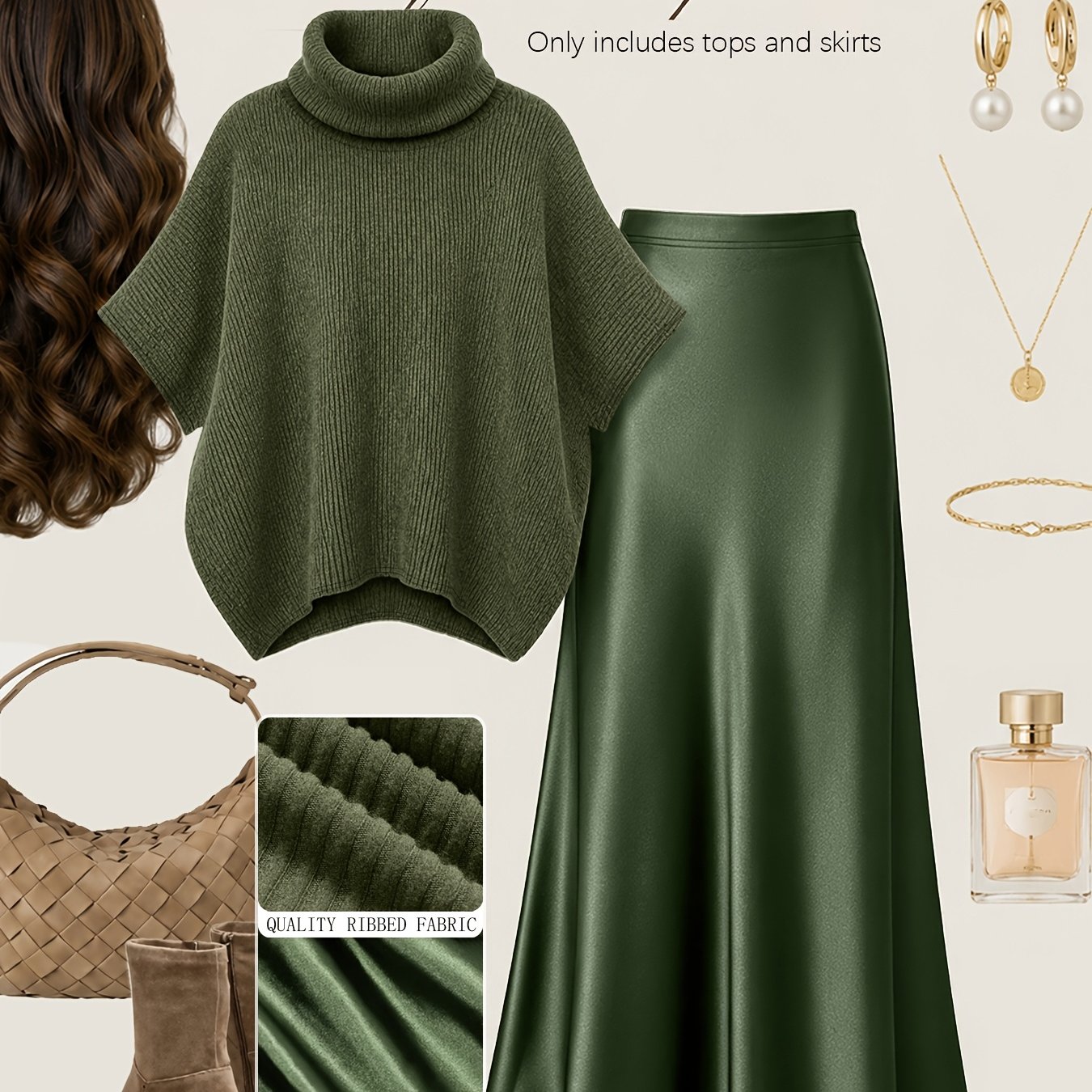TEMU Plus Size - Autumn Relaxed Style High Neck Cape Top And Premium Satin Mermaid Skirt Elegant Two-piece Set Plus Size Women's Clothing