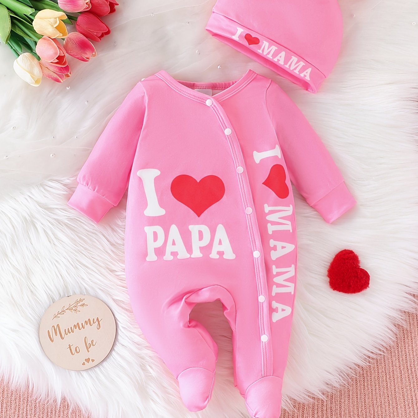 Image of Cute Spring/fall Baby Girl "" Alphabet Print Onesie And Hat Set | Comfortable Soft, Crew Neck, Regular Fit, Perfect For Outdoor Activities And Gifting