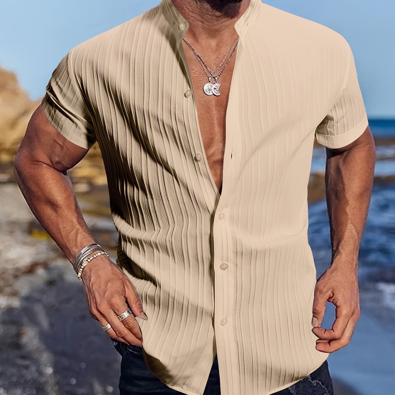 mens plus size summer short sleeved casual stand collar - Temu