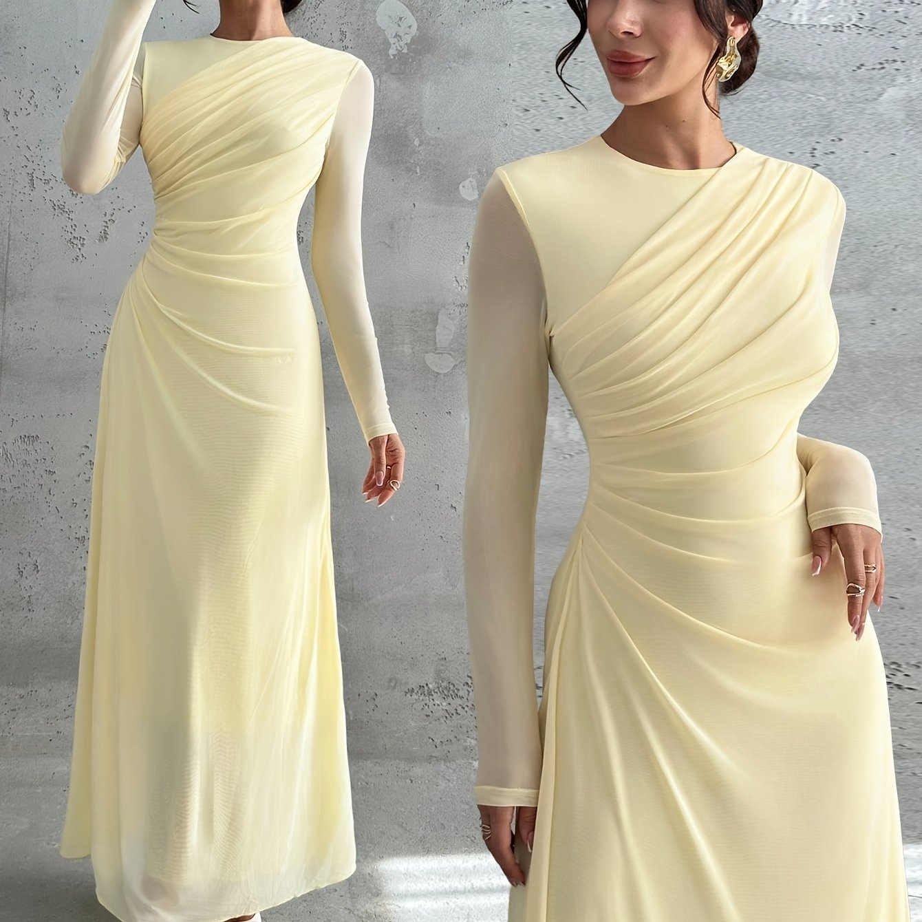 E-shop Elegantes Damen A-Linien-Kleid mit Rundhalsausschnitt, Taillengürtel und Mesh für den Herbst