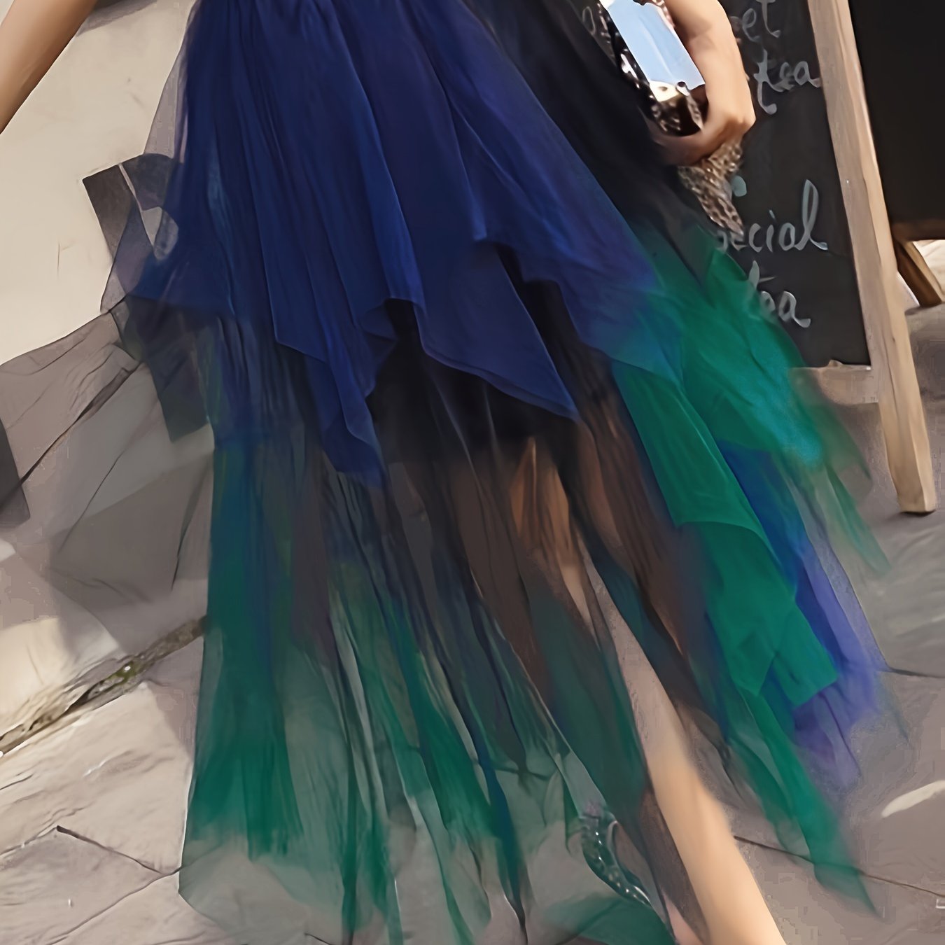 Image of Women's High-waisted Mesh Skirt With Color - Navy, Black, And Green Tulle, Flared Hem, Perfect For Spring And Fall, Skirt|colorblock Skirt|polyester Mesh