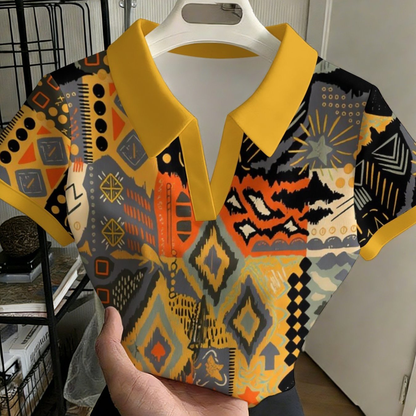 TEMU Women's Stylish And Versatile Buttonless Shirt, Yellow Creative Arts Motif Pattern Graphics Triangle, Fashionable Versatile Casual Top