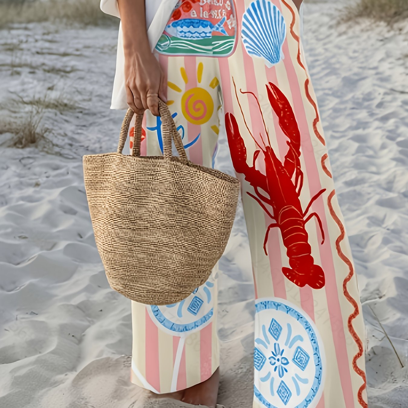 E-shop Hummerpanzer-Druck + Rosa Weiße Streifen, Leicht, Atmungsaktiv, Fließend Locker Sitzend, für Strandurlaub Freizeitkleidung, Resort-Stil
