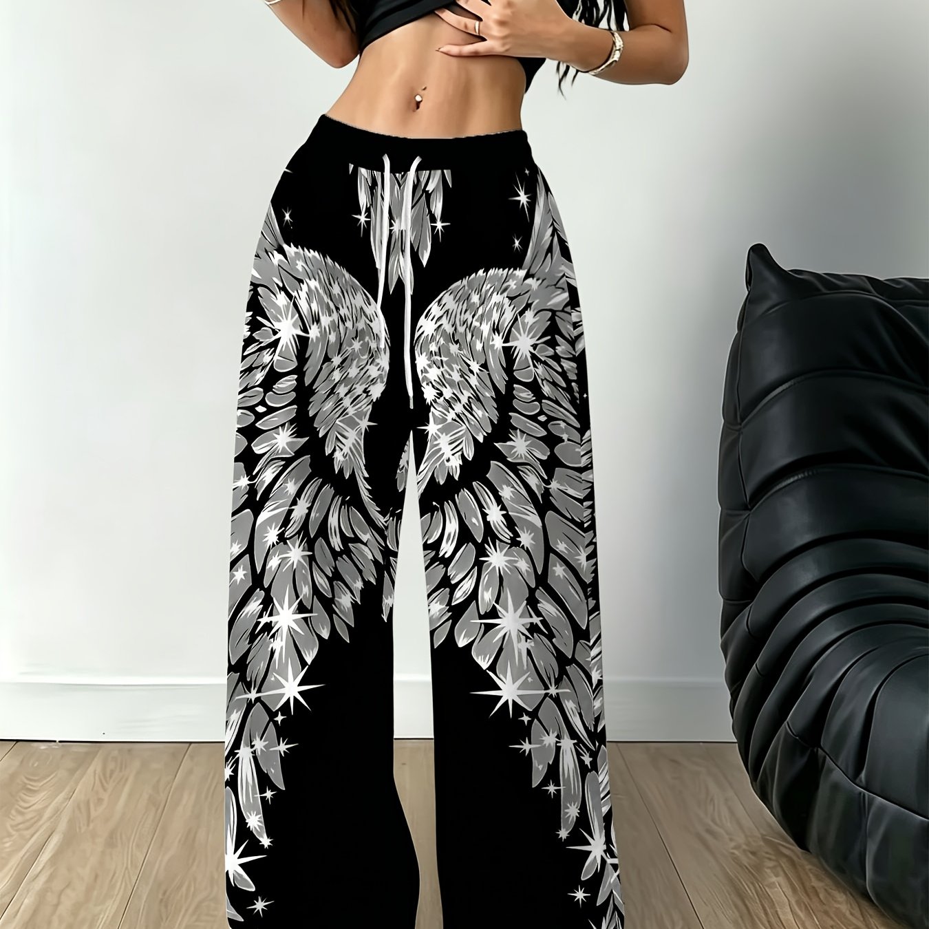 TEMU Printed Design - Non-textured Women's Casual Long Pants, Print, High Waist Edgy Look, With Short Hot Top For Full Atmosphere, All-match Daily