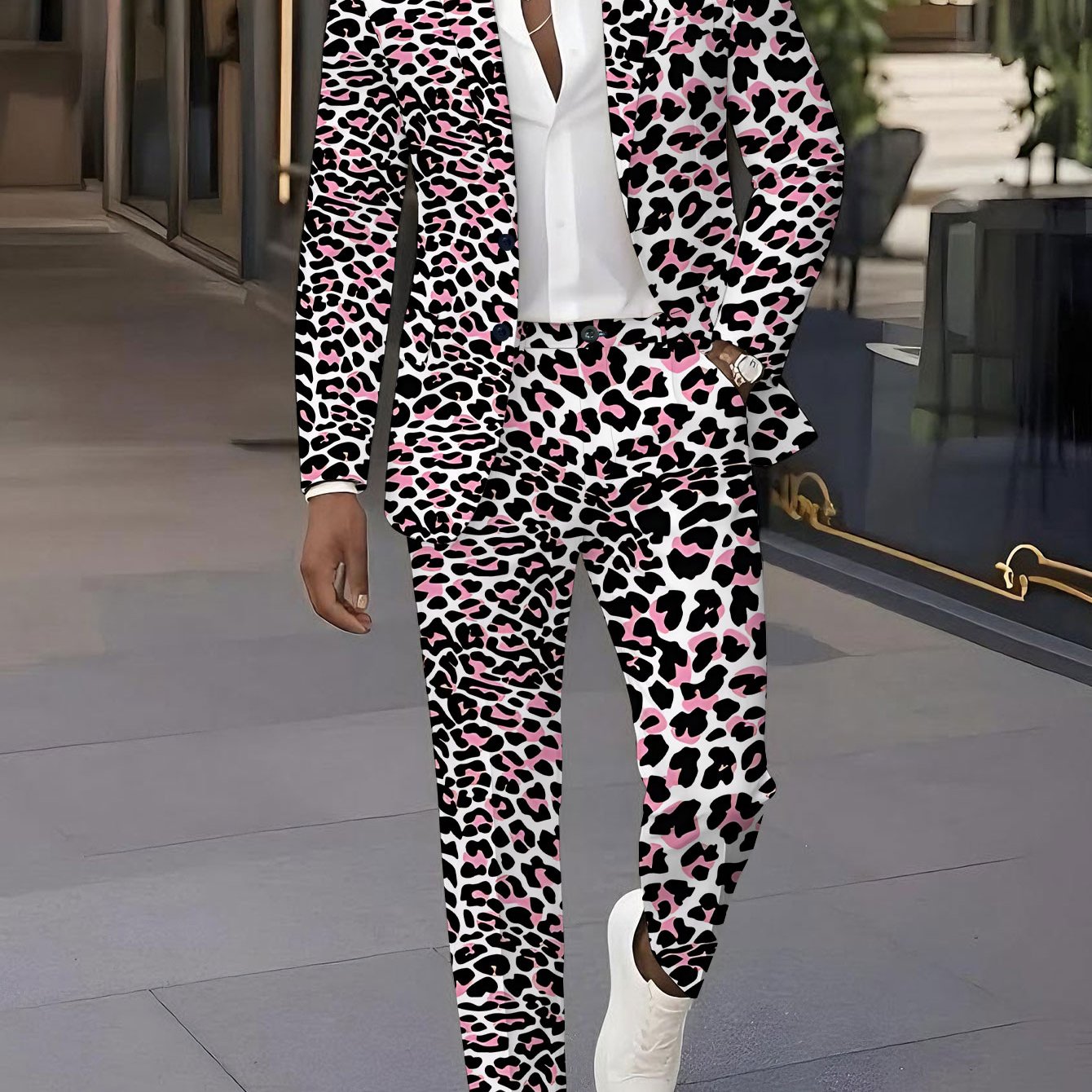 TEMU Men's Suit Set With , Featuring Of Blazer And Trousers. Classic Outfit For Banquets, Weddings, And Parties In Pink And Print. Trendy Print Suit
