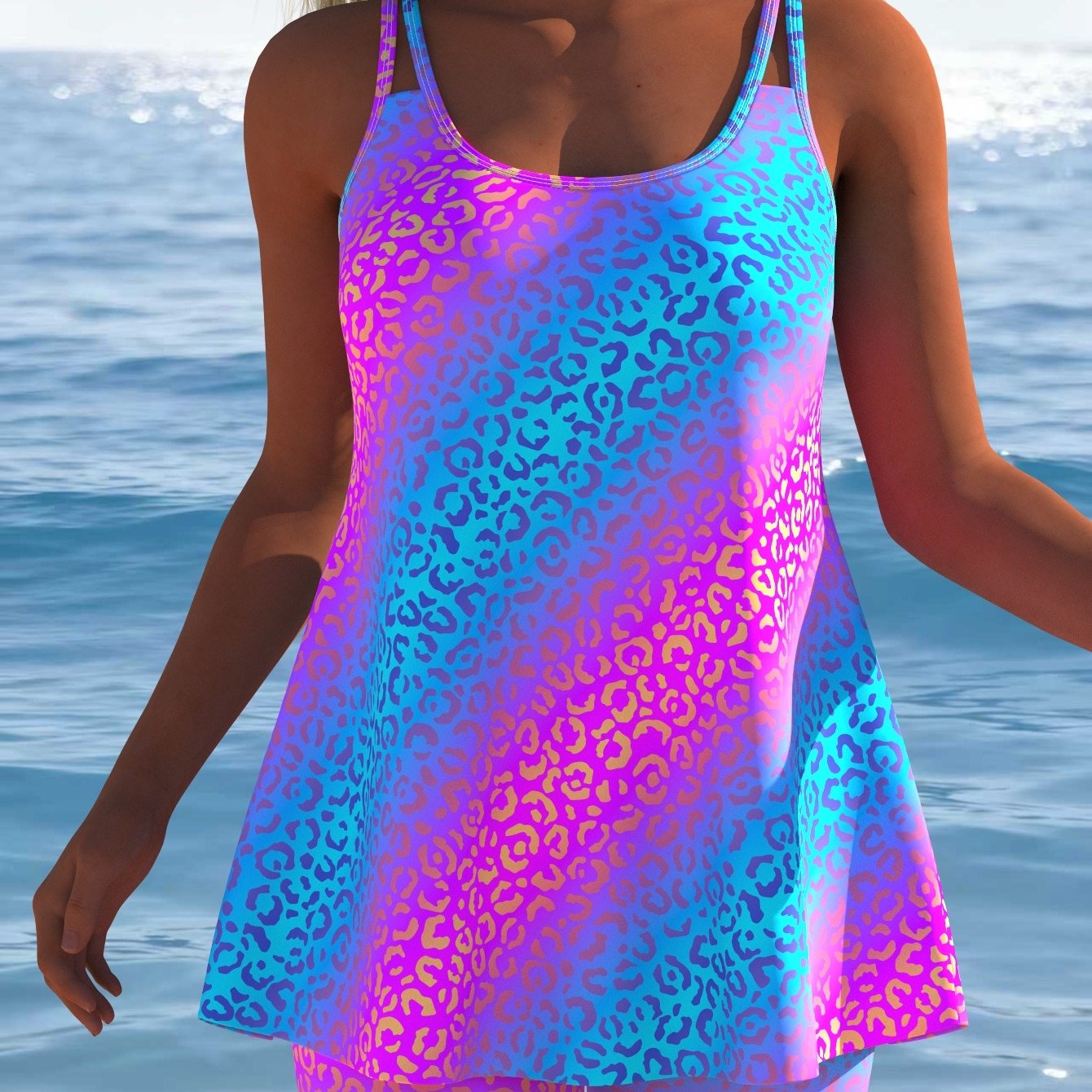 Image of Women's Tankini Swimsuit Set, Two-piece Bottom With Shorts, Casual Fashion Colorful Leopard Print, Suitable For Beachwear, 2026ss Spring/summer Trend New Arrival