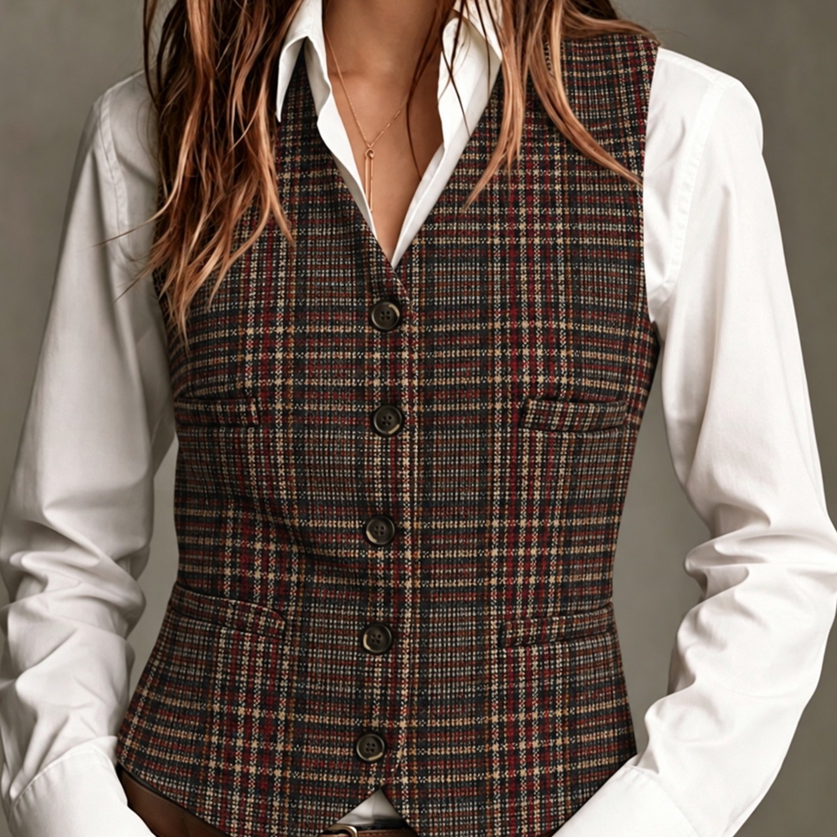 TEMU Spring Autumn Style Women's Retro Elegant Easy Thick Vest With V-neck And Decorative Pockets, Temperament Fashion Top Vest