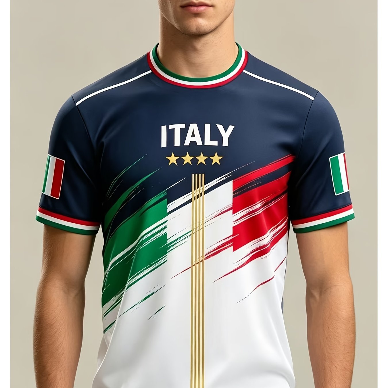 TEMU Men's Navy Blue To White Italian 4 Golden Stars Football Raglan Green- Decorative Cuff Quick-dry European Fan Streetwear Sports T-shirt