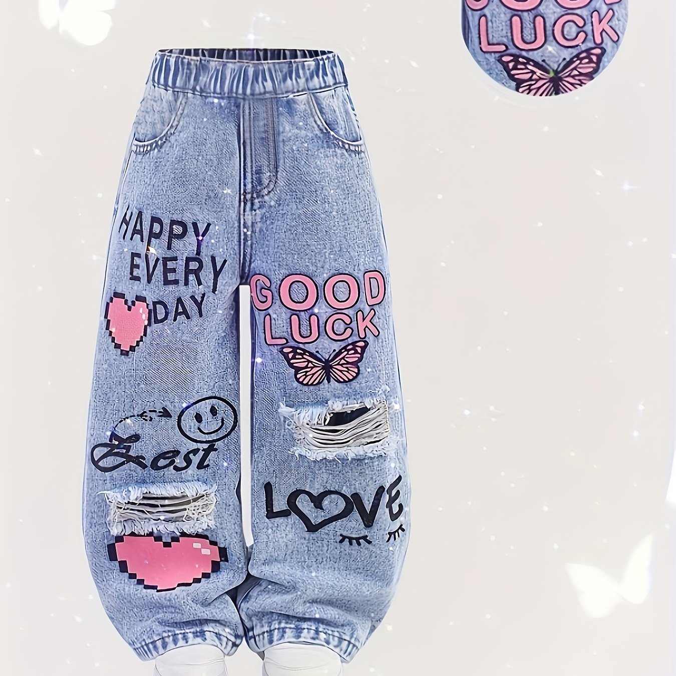 Image of Girls' Clothing, Graffiti Ripped Wide-leg Jeans With , Heart, And Letter Prints In Y2k . Elastic Waist, Versatile Streetwear Kids' Denim Pants. Valentine's Day Outfit, Holiday Clothing