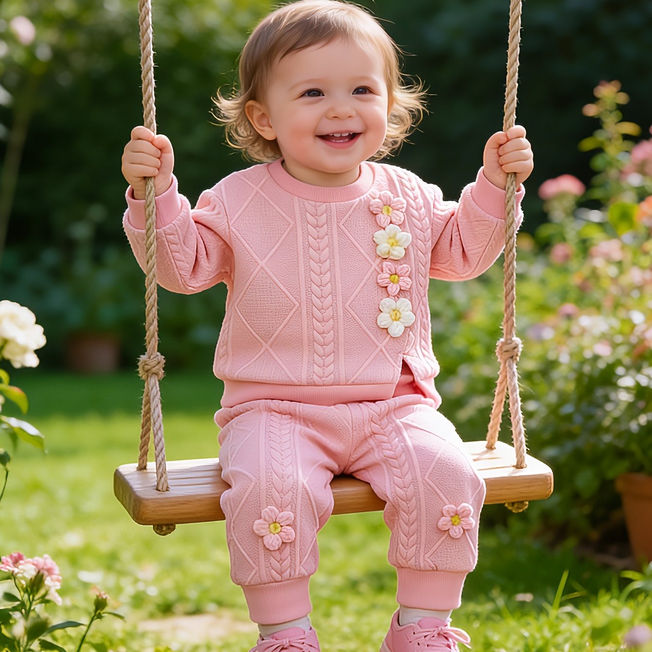 Image of 2pcs Girls' Puff Flower Embellished Diamond Texture Long-sleeve Top + Elastic Waist Long Pants, New Autumn/winter Cute And Sweet Set, Perfect For Outdoor