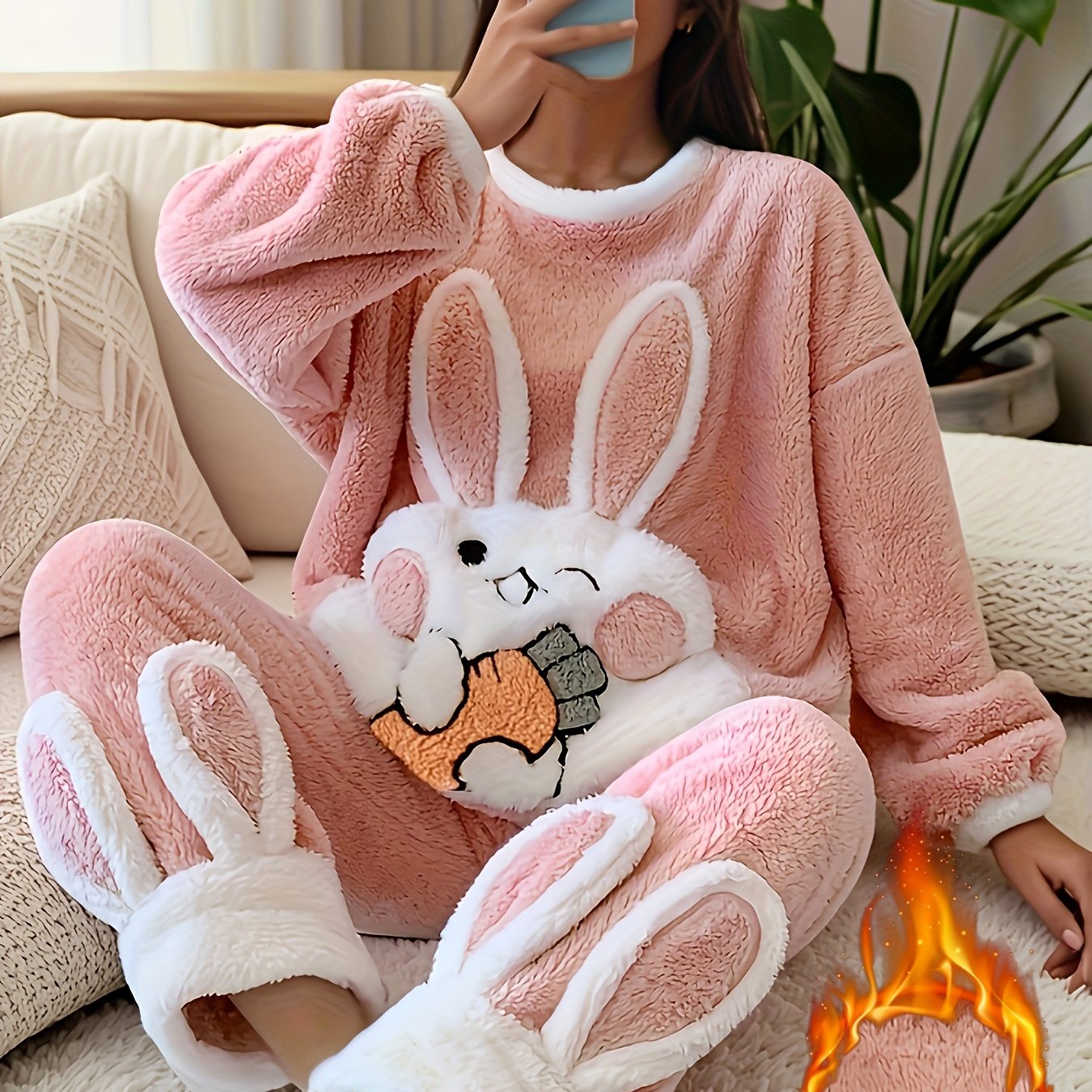Winter Long Plush Carrot Rabbit Cartoon Pajama Set