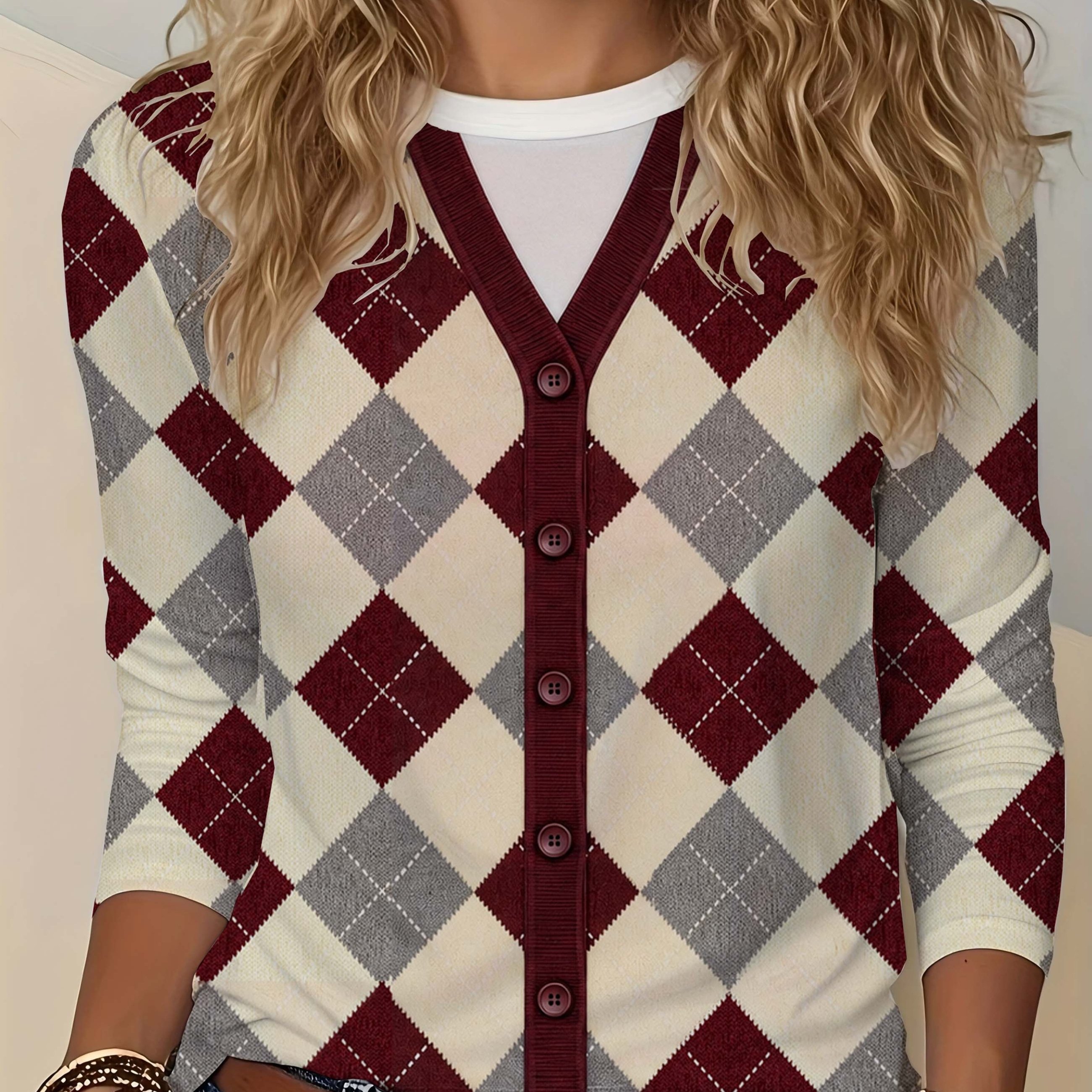 TEMU [printed Design - No Texture] Retro Diamond Print Long Sleeve Top For Women, Autumn New Button Design Pullover, Vintage British Style Contrast