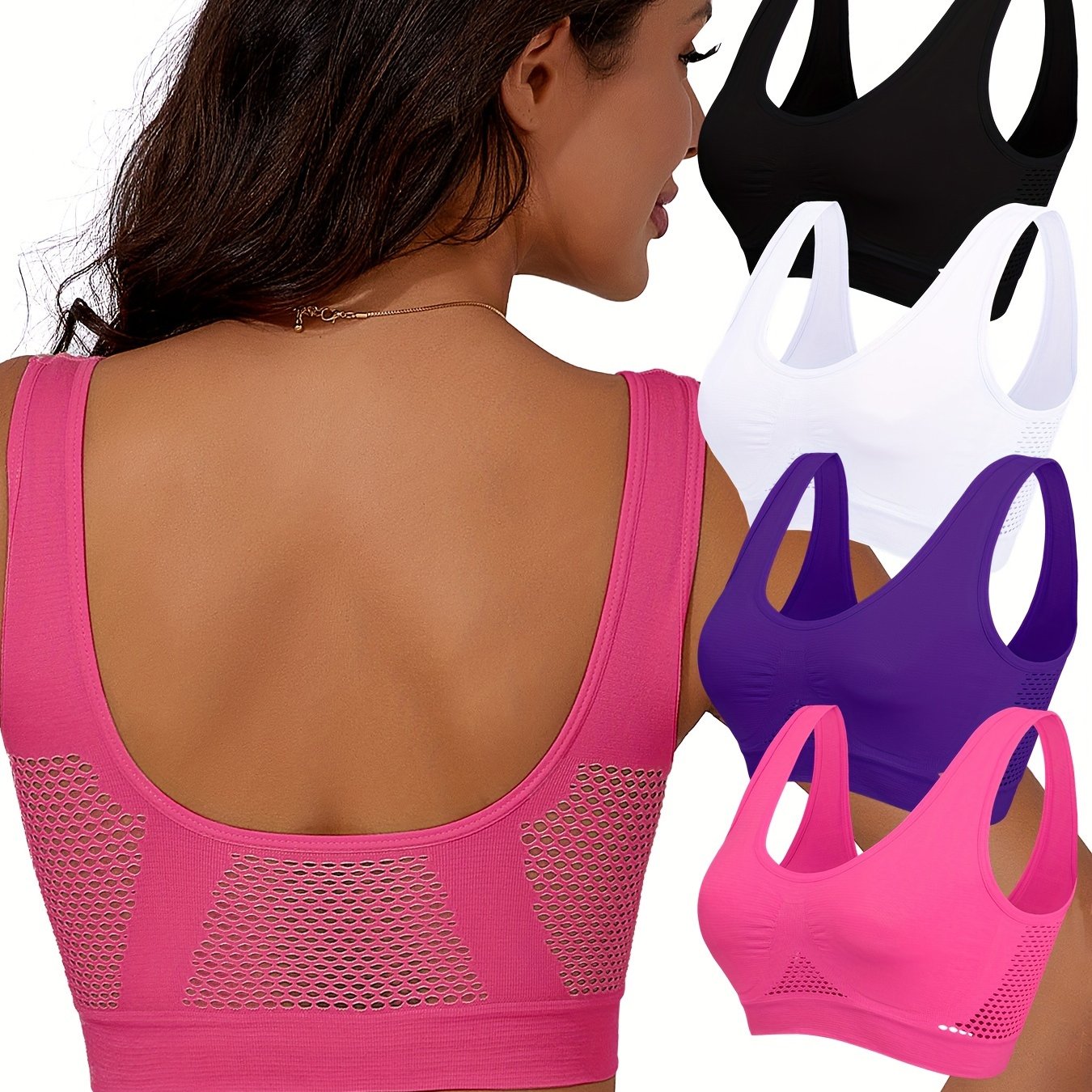 Image of 4pcs Women's Hollow-out Mesh Design Sports Bras For Small Busts, Push-, Running, Yoga, Backless Tank Tops, Wire-free Breathable Sports Bras