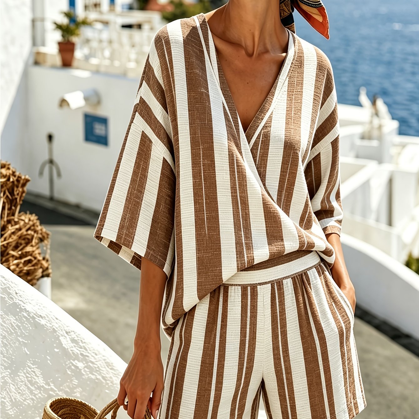 Image of Plus Size - Summer Women's Striped Suit, Plus Size Quarter Sleeved Top And Loose Shorts Two-piece Casual Commuting Vacation Women's Suit