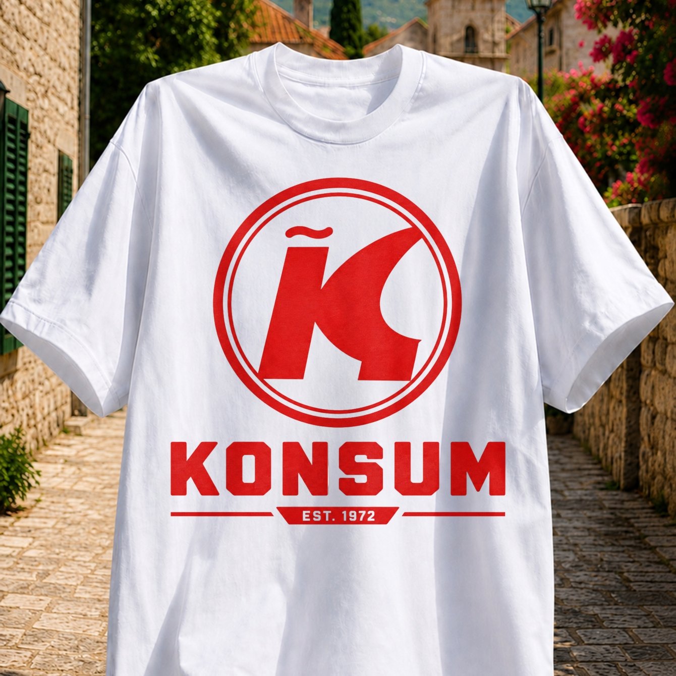 Image of Men' & Unisex Retro East German T-shirt - Vintage Logo Print, Red Circular K, Casual Round Neck Tee Suitable For Wear, Machine Washable Authentic East German