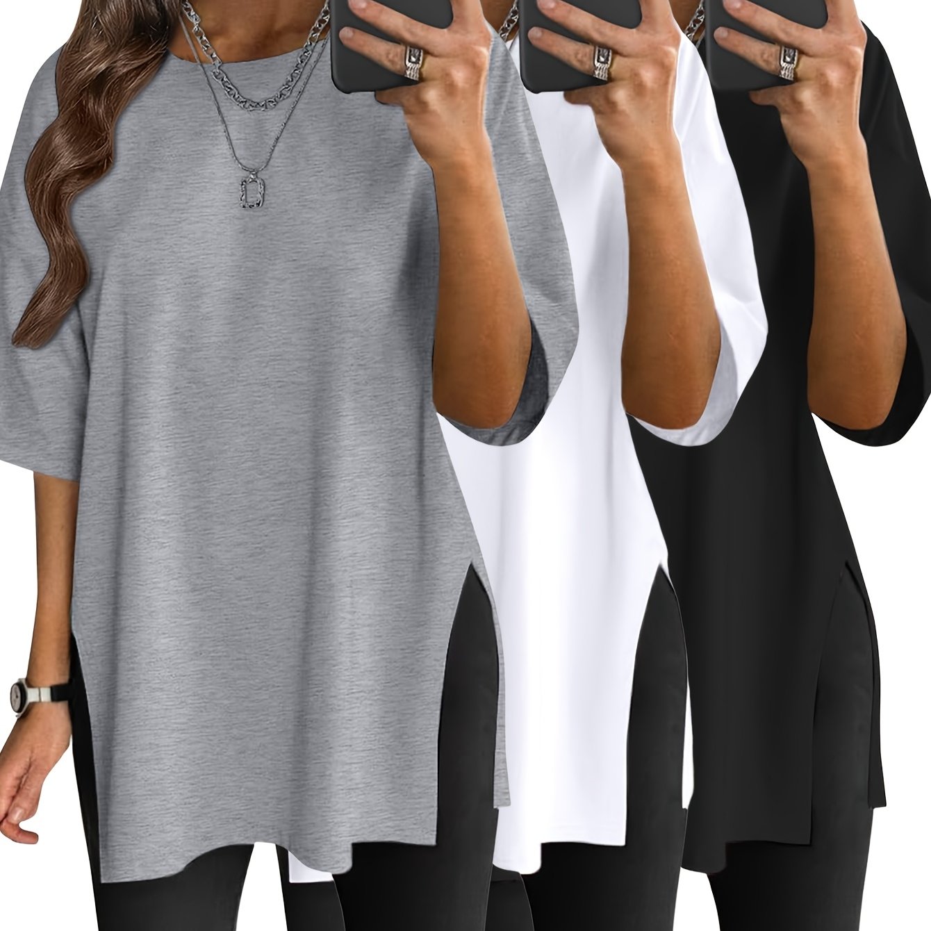 E-shop 3er-Pack übergroße Damen-Oberteile, locker geschnitten, Rundhalsausschnitt, lässiges Basic-Shirt, modisches Kleidungsstück mit Seitenschlitz,