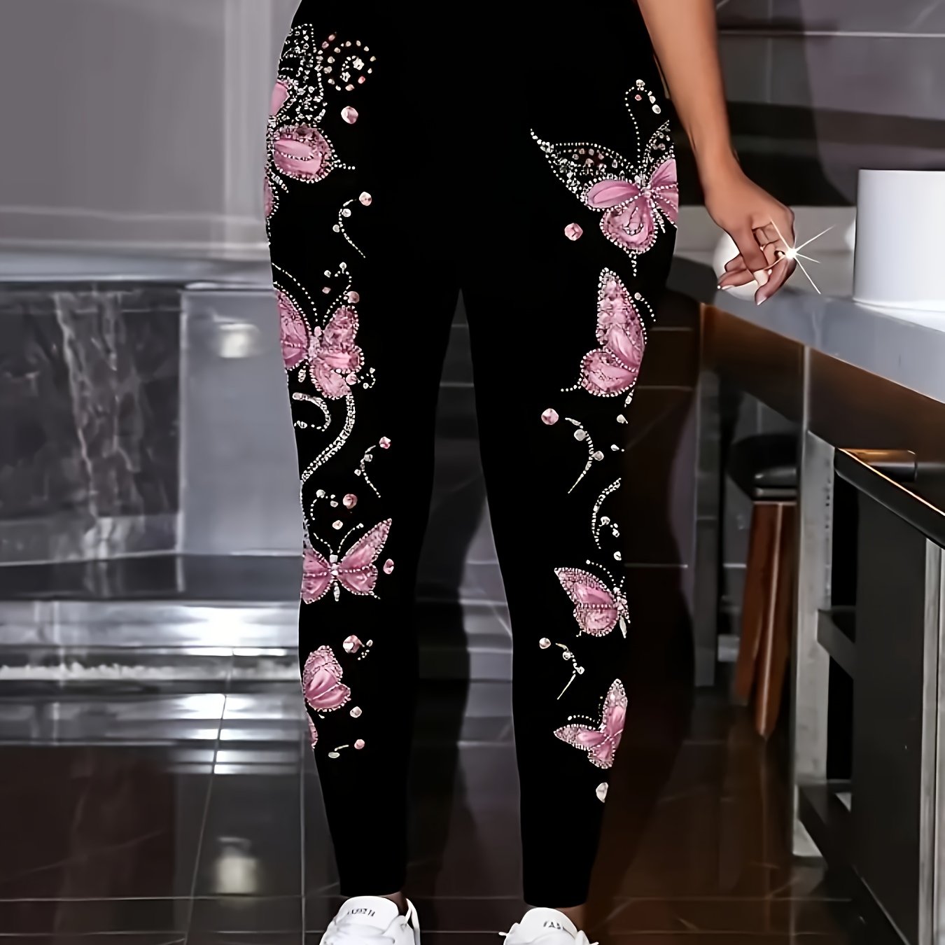 TEMU Plus Size - Plus Size - Women's Plus Size Elegant Trousers - Stretchy Opaque Leggings, Black Pink Print, Suitable For Casual, Formal, Daily And