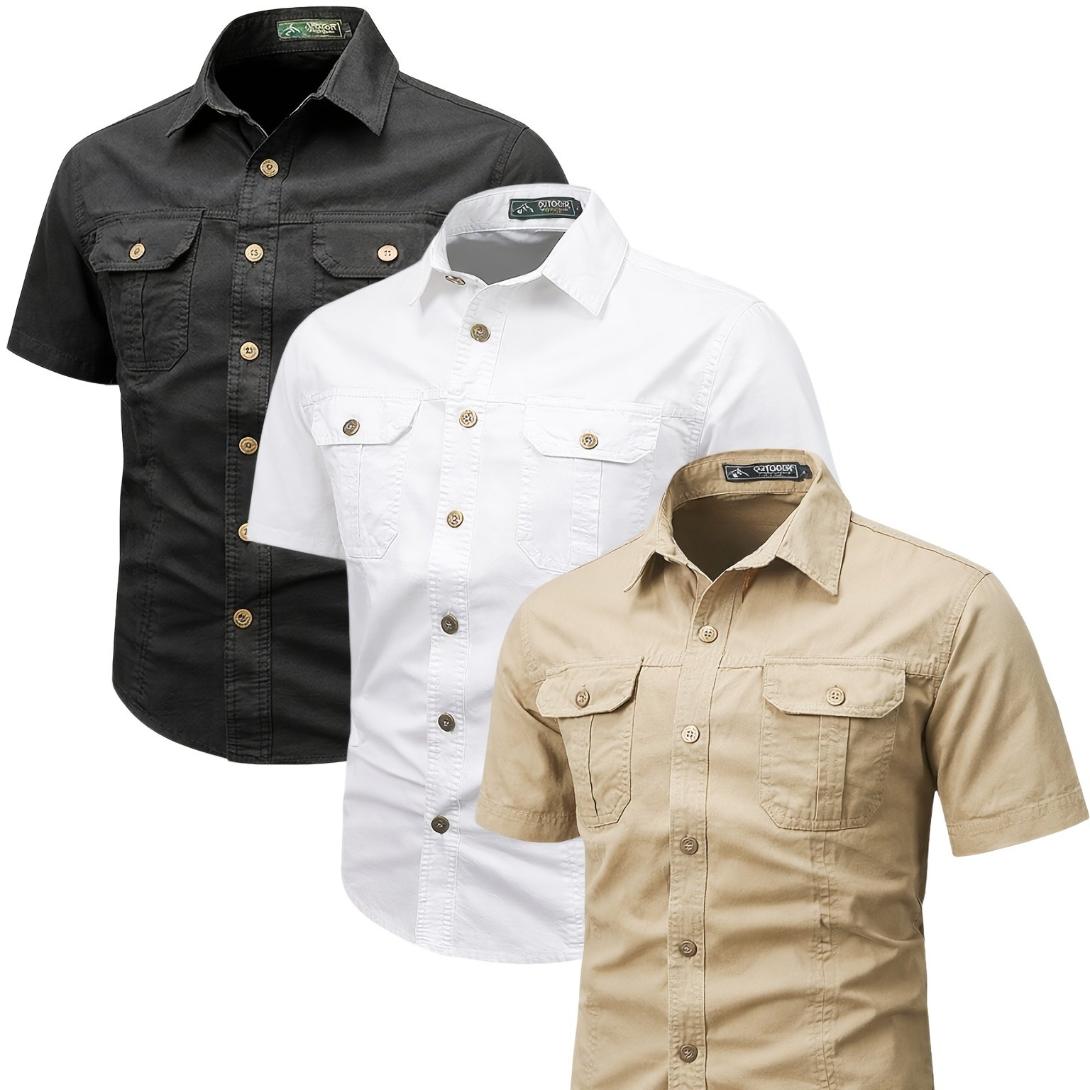 TEMU 3pcs Men's Short Sleeve Work Shirts With Pockets, Casual Lapel Work Shirts, Durable And Breathable For Outdoor Work, Hiking, And Daily Wear