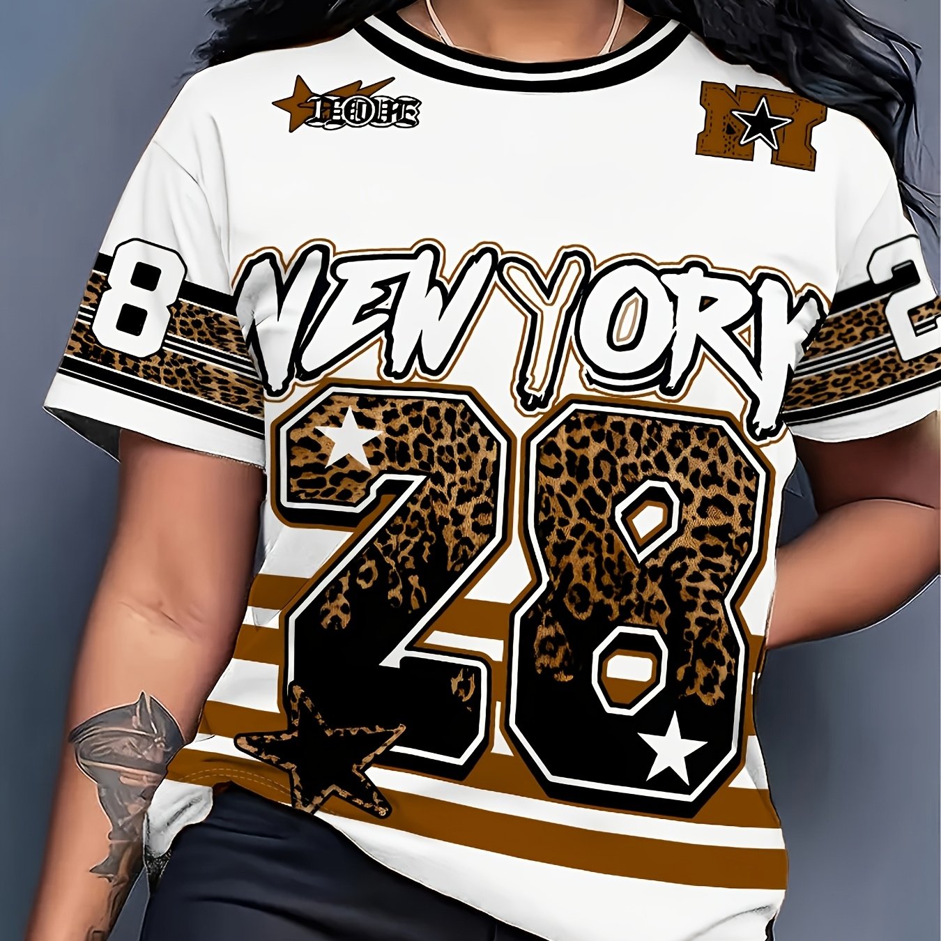 TEMU Women's Summer Short Sleeve T-shirt - White & Brown Colorblock With Leopard Print Full-body Number 28 - Casual Round Neck Top For Outdoor,,