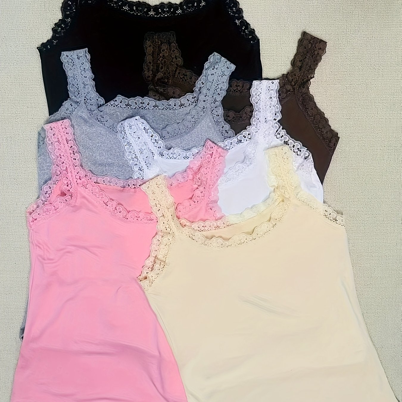 Image of 6pcs Solid Color Vest, Lace , Round Neck Camisole Women's Top