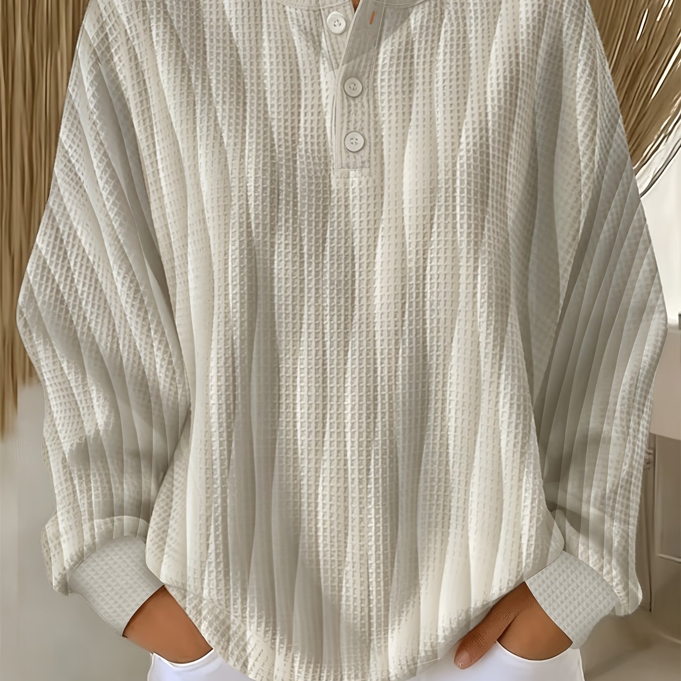 TEMU Plus Size, Plus-size Waffle Sweatshirt, Vintage Blue And White Abstract Water Ripple Texture, Stylish Button-up Crew Neck Long Sleeve Sweatshirt