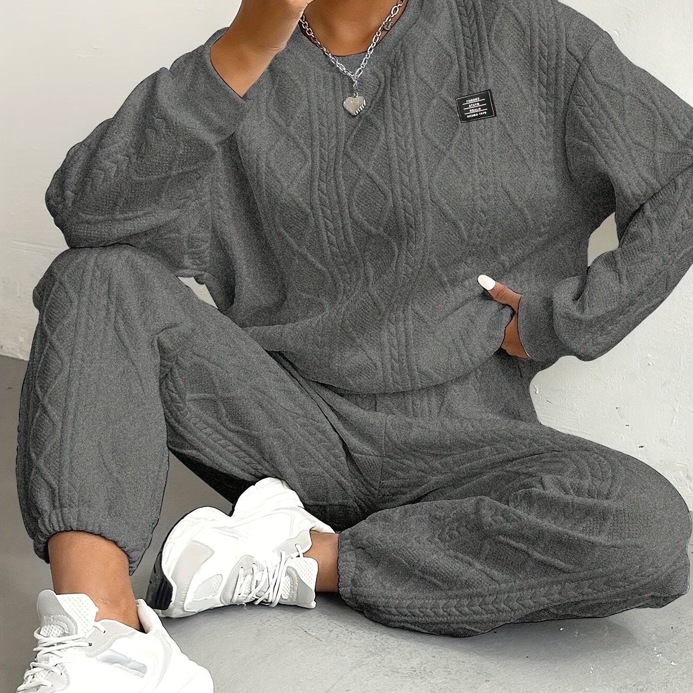 Fashionable And Easy Dark Gray Textured Fabric Jogger Pants And Long-sleeved Pullover 2pcs Set, Light North