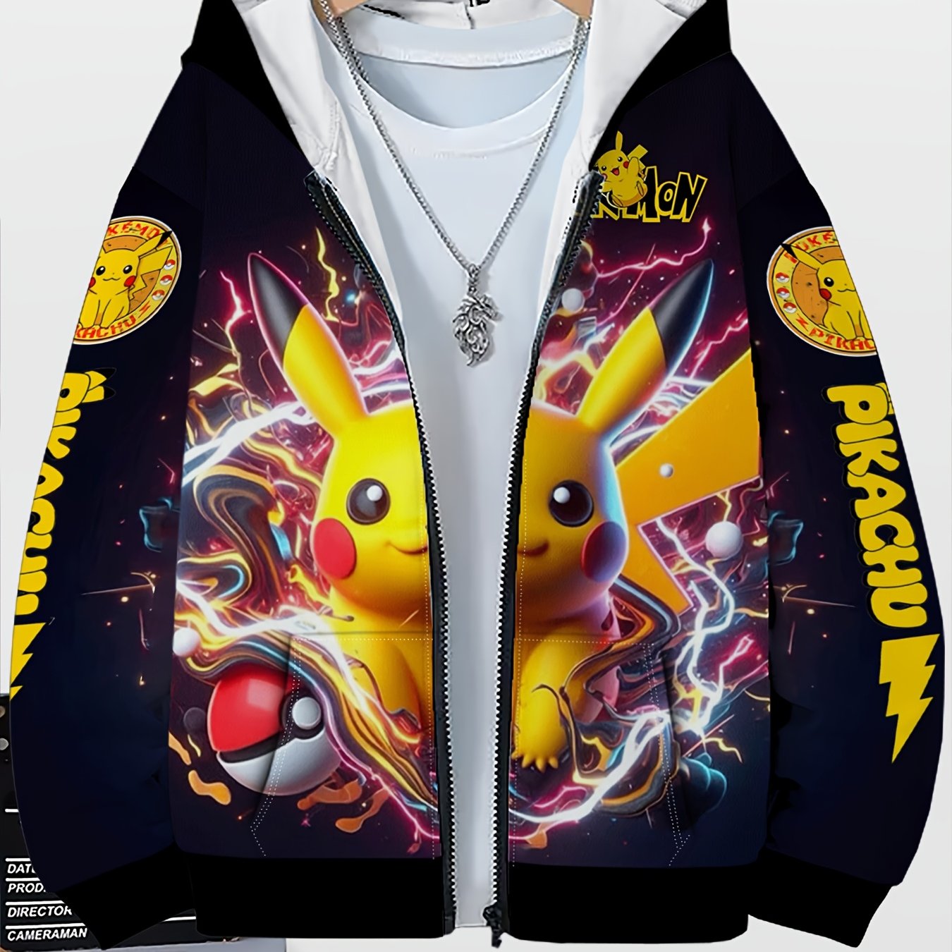 Image of Cartoon Anime Style Yellow Cartoon And Yellow Lightning Pattern Print Hooded Zip-up Sweatshirt Jacket Boys' Fashion Versatile Top