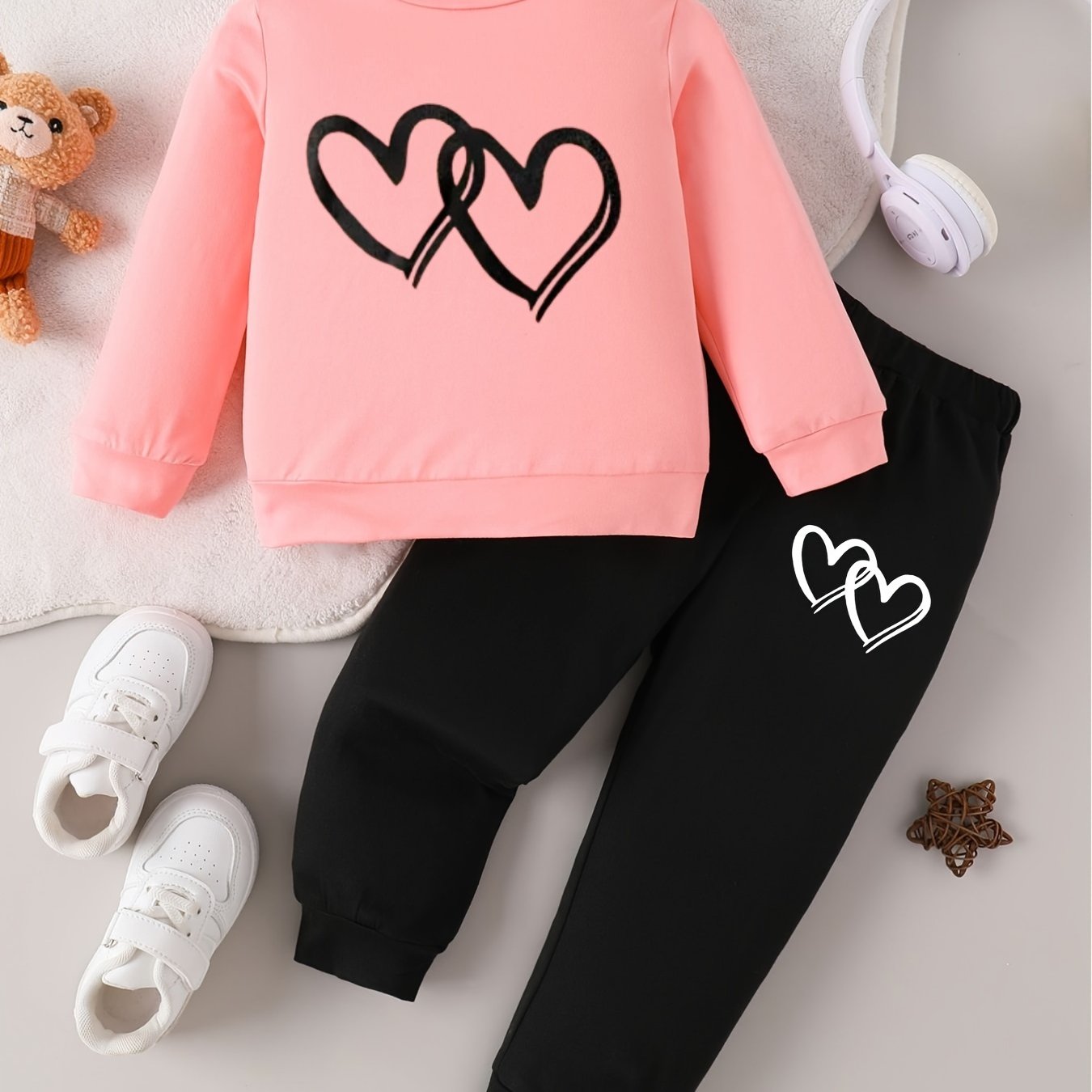 Image of Spring And Autumn Style Infant And Toddler Baby Girl Round Neck Heart-shaped Print Long-sleeved Top And Trousers Casual Two-piece Set, Development, For Outdoor