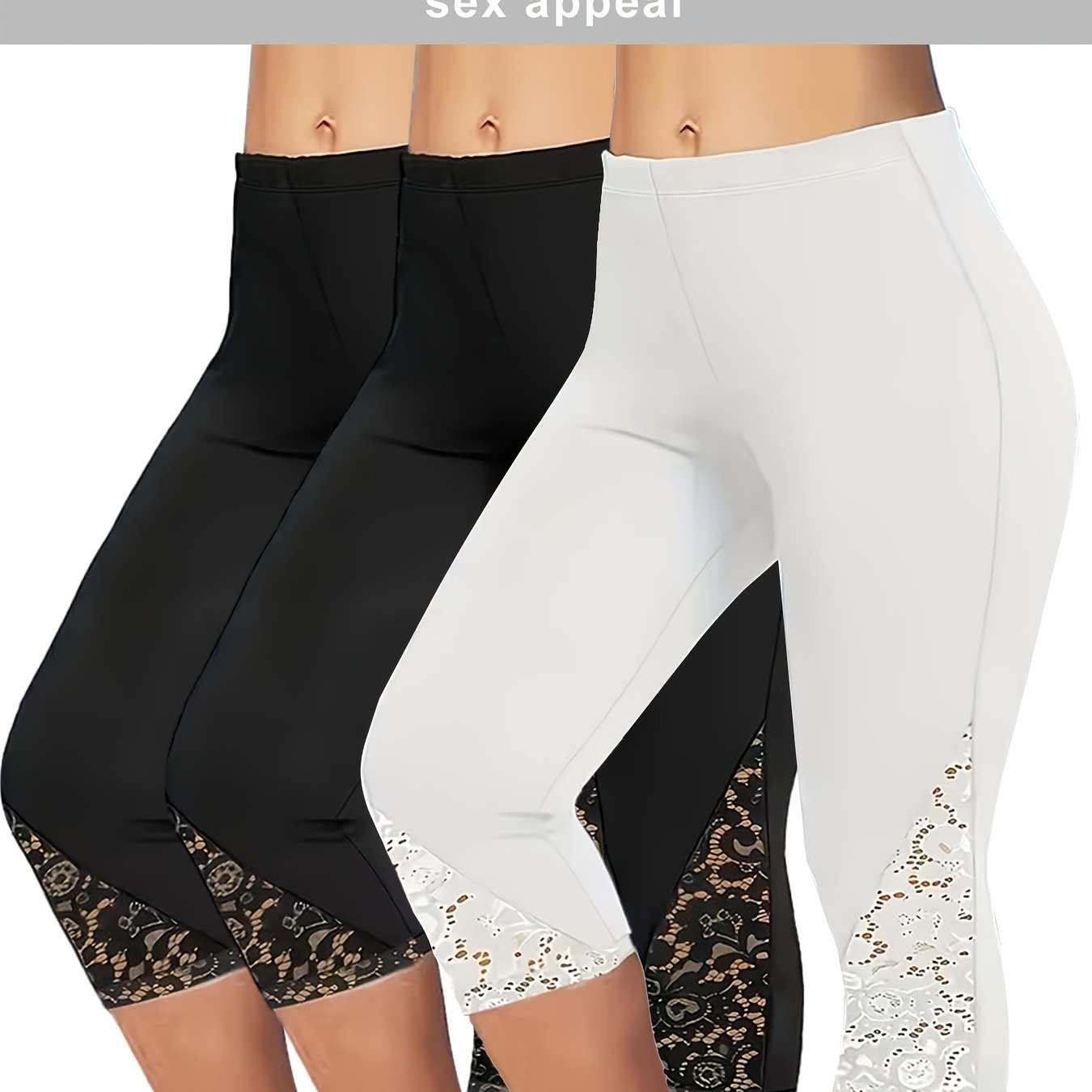 TEMU Plus Size - 3pcs Set Plus Size Ankle Ruffles Lace Design, Tight Capri Leggings, Casual Daily Stretchy Leggings, Women's Plus Size Clothing