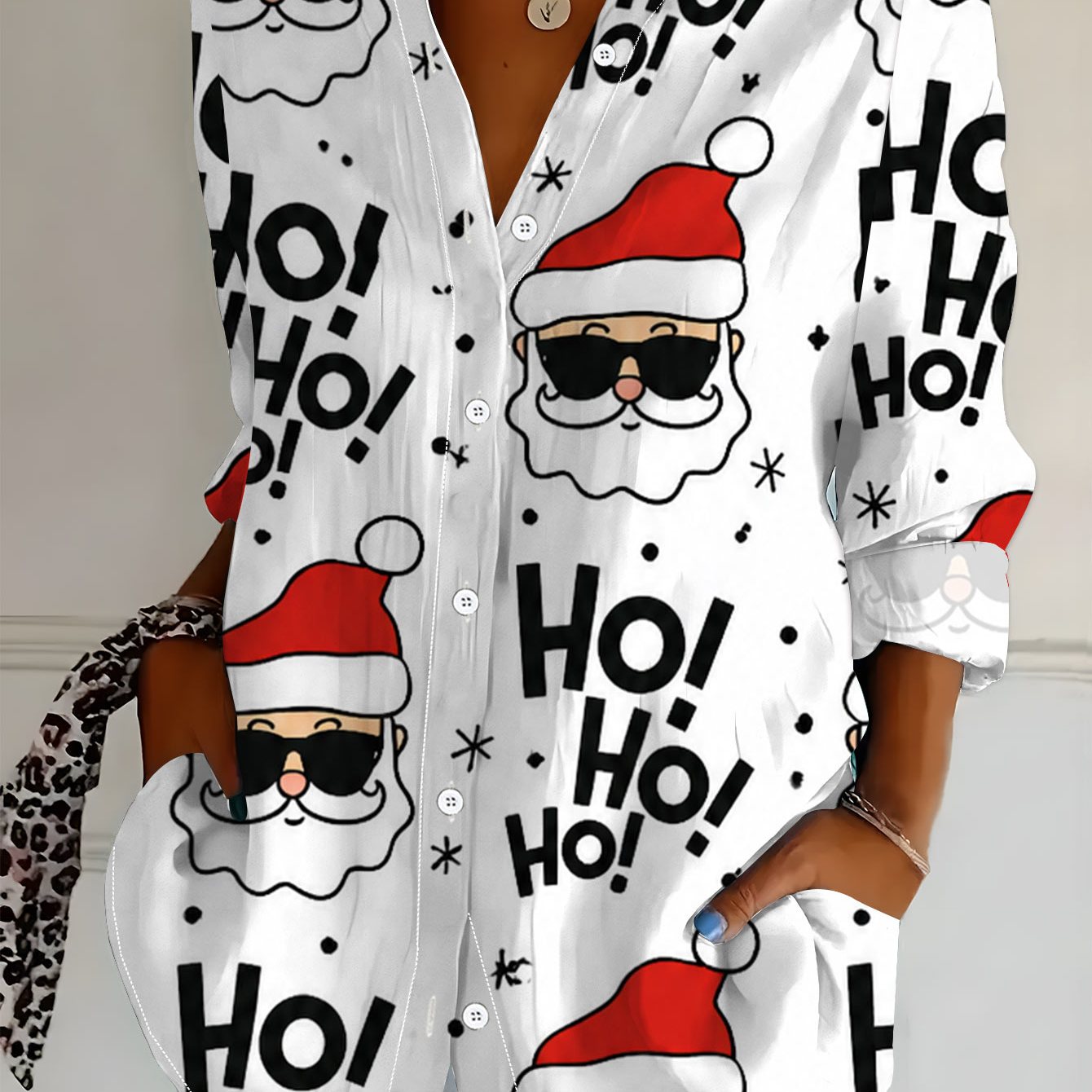 TEMU Plus Size Women's Long Sleeve Shirt, Fun Printed Loose Shirt, Santa Claus Style Mid-length Women's Long Sleeve Collared Shirt, Black White Red