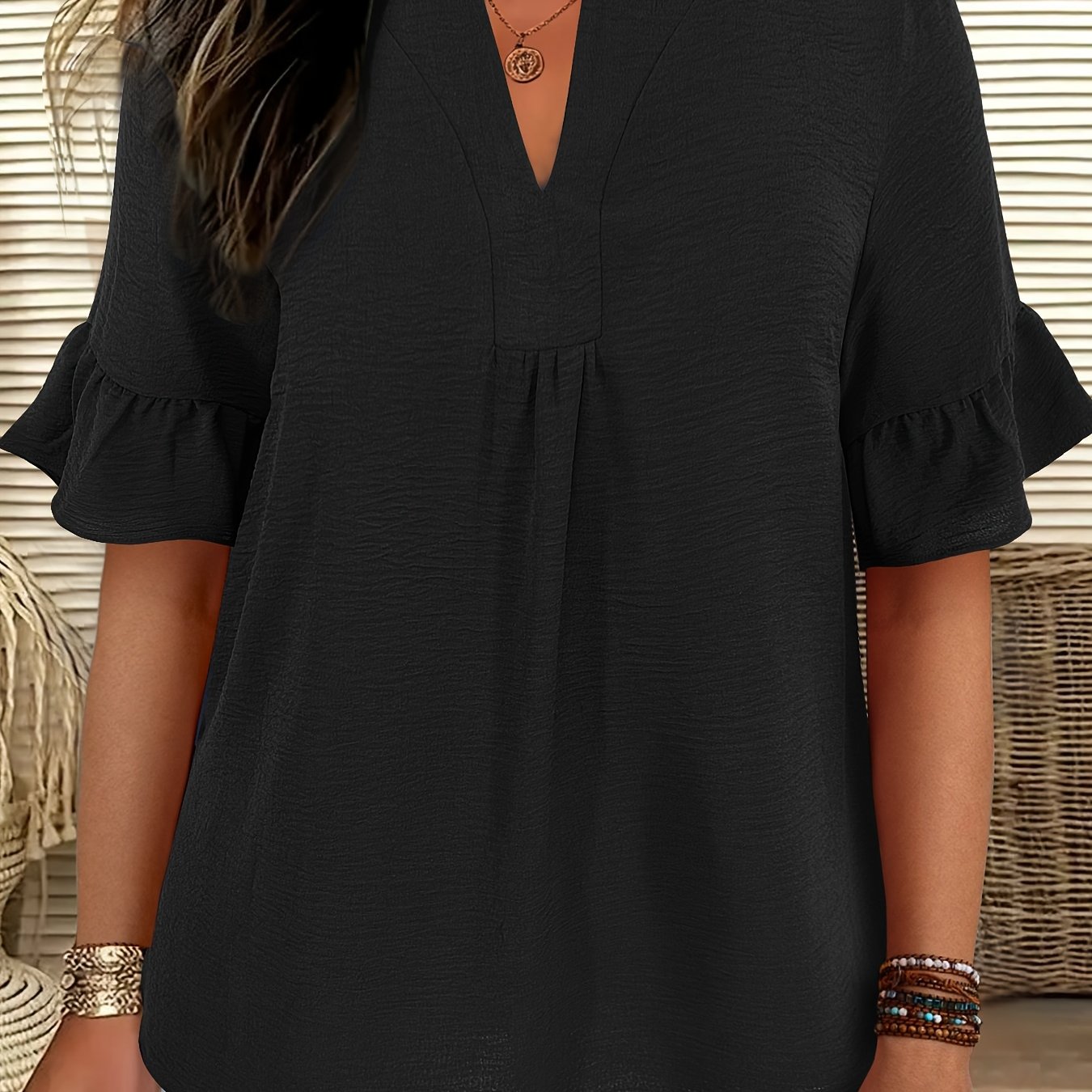 E-shop Plus Size - Plus Size - Verlängertes, neues Mode-Blusen-Set in großen Größen für Damen mit Rundhalsausschnitt, Revers, Patchwork und Rüschen,