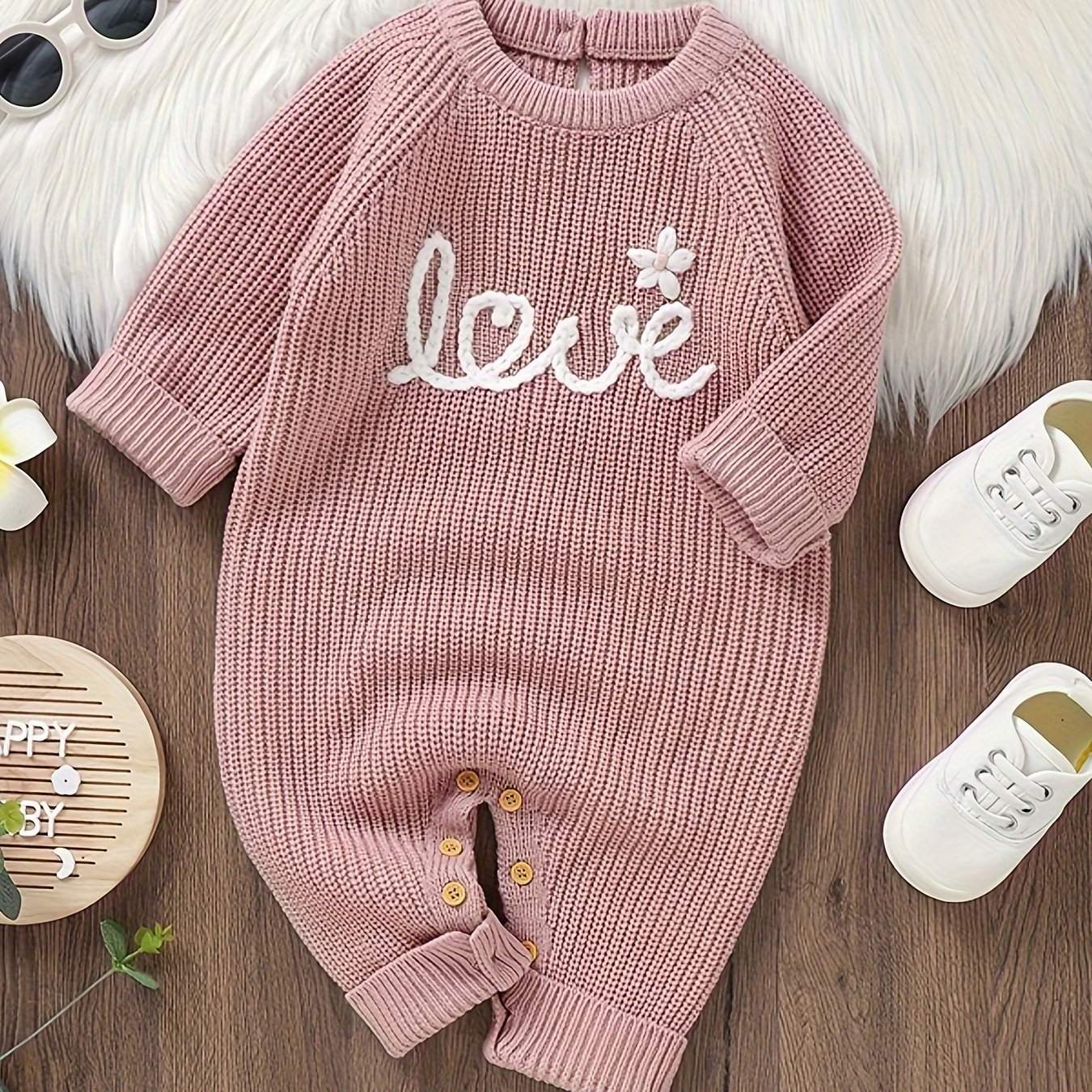 Baby Knitted Embroidered Letter Romper, For Outdoor