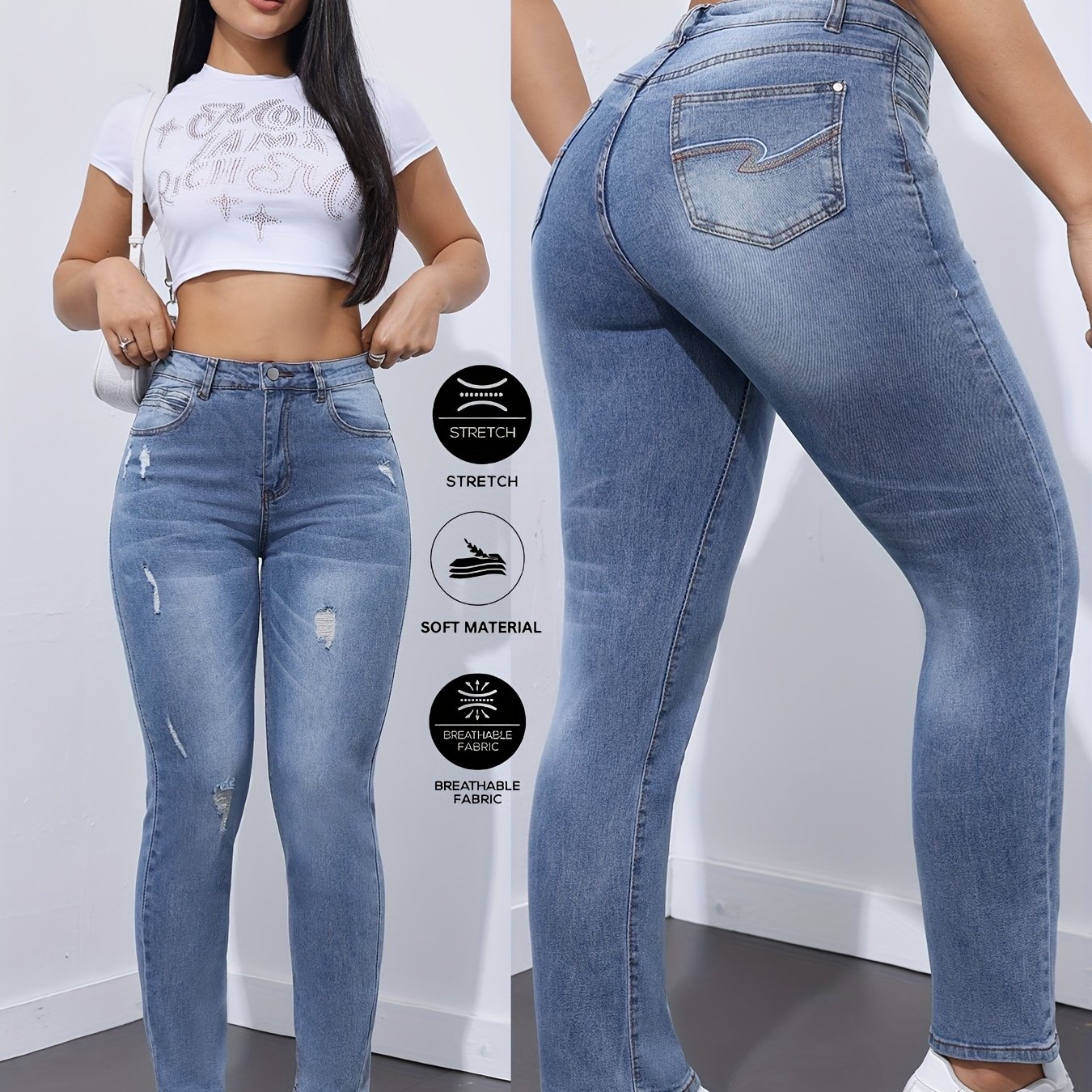 Xs8088# Women's Stretch Long Jeans, Embroidered Back Pocket, Women Ripped Embroidered Jeans